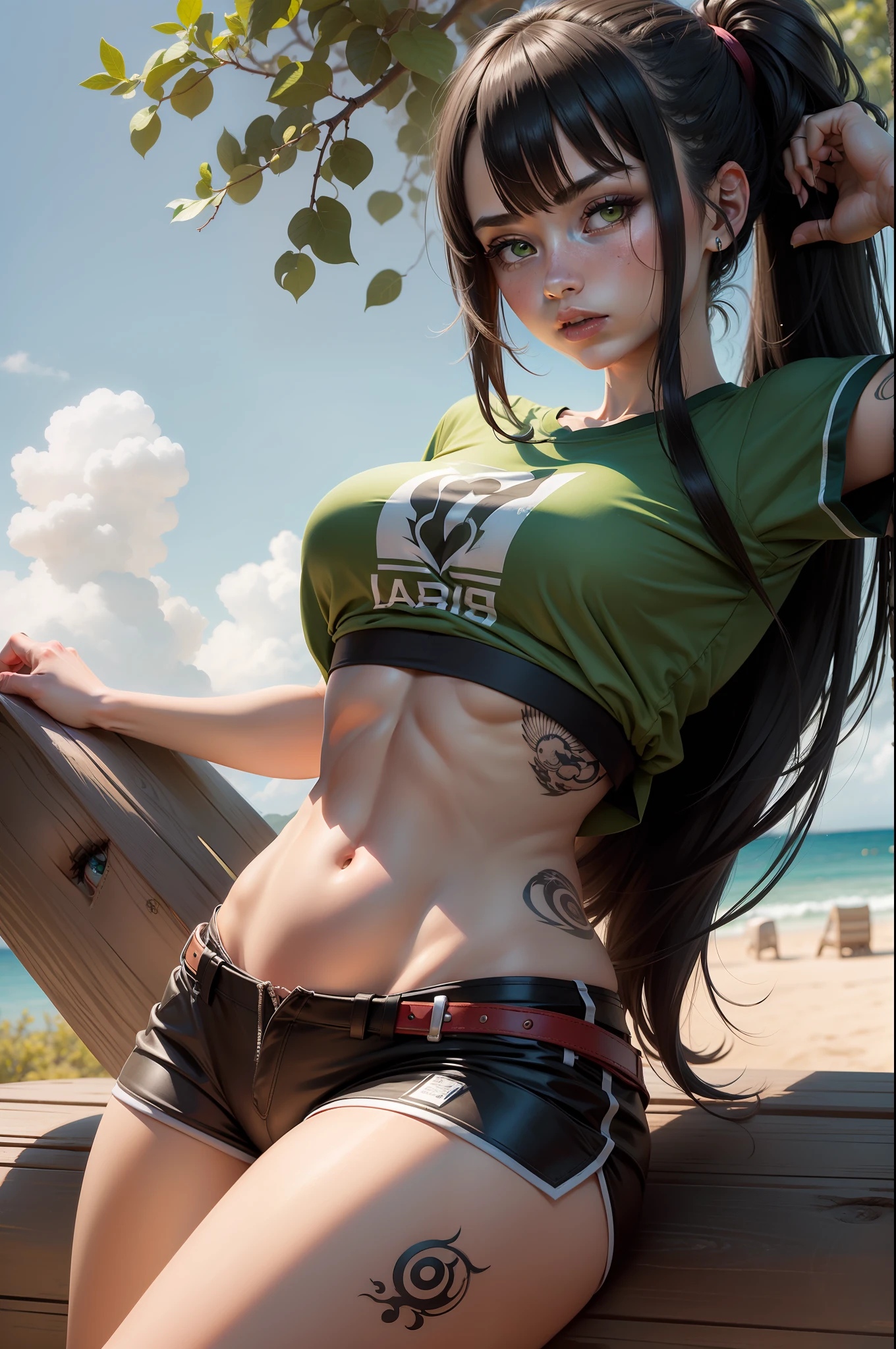 1girl, akali, decote, pose de luta, heaven, campo, grama, akali, olhando para o espectador, league of legends, highres, 1girl, fitness, arm tattoo, franja, blusa, seios, camisa verde, cabelo entre os olhos, hip vent, franja longa, cabelo longo, WMASK, midriff, ninja, rabo de cavalo, cinto de corda, bolsa de cinto, camisa, solo, stomach tattoo, tatuagem