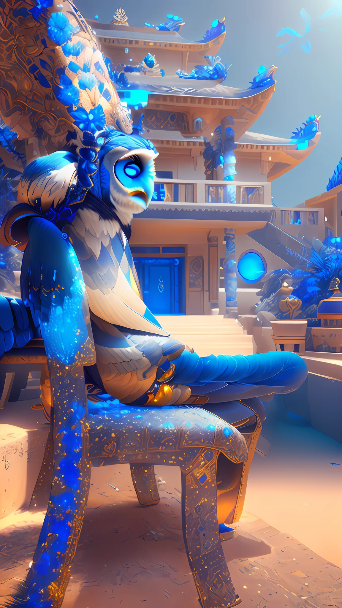 a digital painting of an owl with blue eyes, unreal engine render + a goddess, very detailed , beeple global illumination, elaborate ornate jewellery, trending on cgisociety, motion graphics, rossdraws global illumination, cgsociety