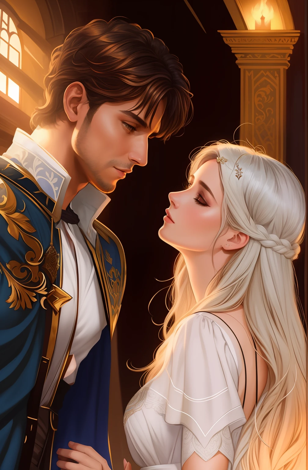 Arafed depiction of a man and a woman in medieval dress, magali villeneuve', graphic artist magali villeneuve, Magali Villeneuve, charlie bowater and artgeem, inspired by Magali Villeneuve, neoartcore and charlie bowater, Edmund Blair and Charlie Bower, magali villeneuve and monet