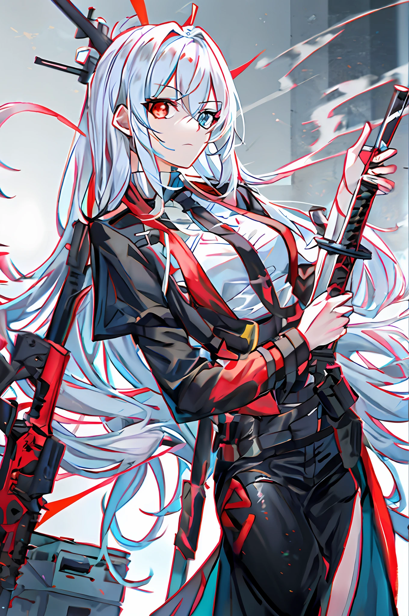 White long hair anime girl holding sword and gun, from girls frontline, girls frontline style, Fine details. Girl Front, Girls Frontline CG, Girl Front, girls frontline universe, Best anime 4k konachan wallpaper, azur lane style, Badass anime 8 K, m4 sopmod ii girls frontline, Kantai collection style，The left eye is red，The right eye is blue