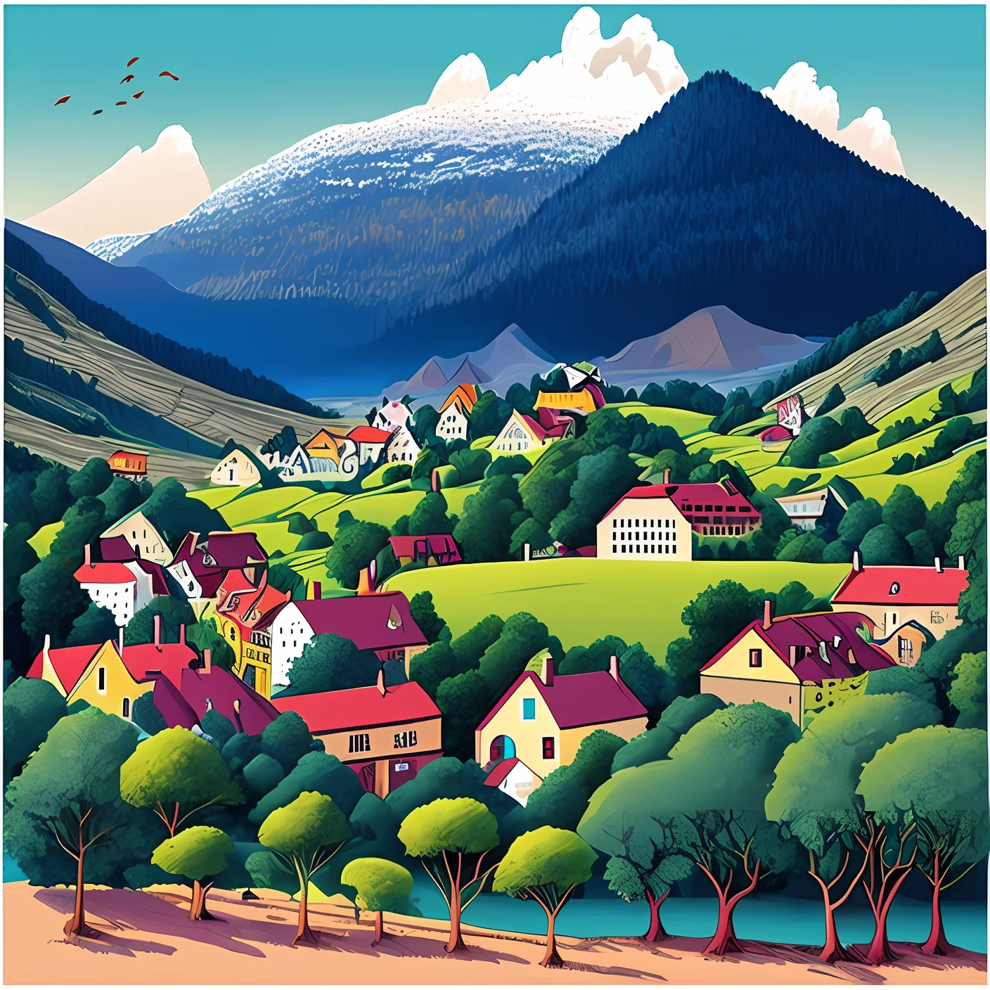 Beautiful village, houses, Mountains, trees, lake, papercurl illustration.