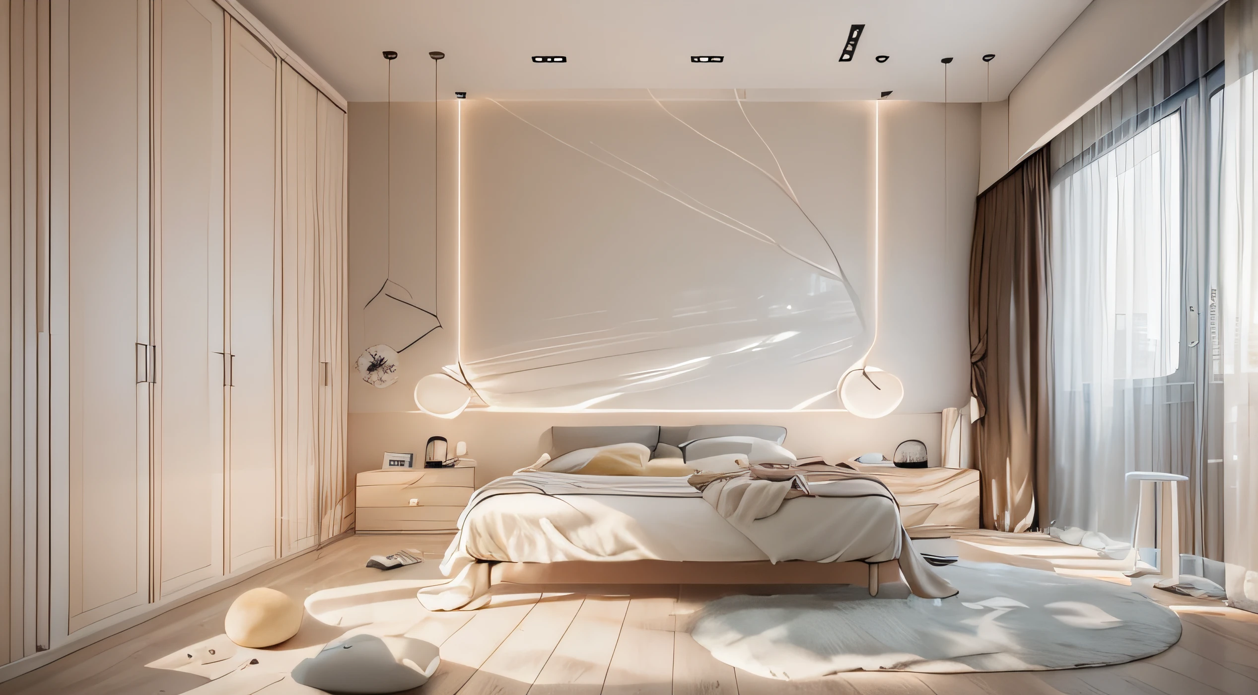 Ultra-detailed wide-area camera,Modern bedroom in cream style，（Modern bedroom：1.5），modern，Minimalist，Cream Mannerism，White theme，Beds，nightstand，Simple lines，窗帘，Soft natural light through the curtains，Interesting light and shadow，low-light