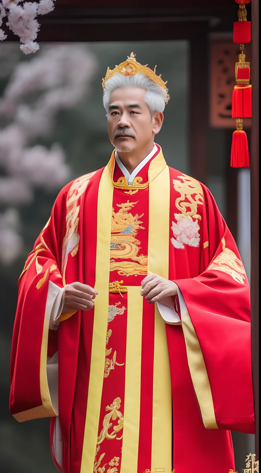 Masterpiece, Highest quality, (solofocus),, (High detail: 1.1),dojo,Red and yellow robes,The male, Man, chinese crown, 1人,and white hair,超高分辨率 , Detailed background, realisticlying, wearing a detailed and intricate xianxia antique outfit