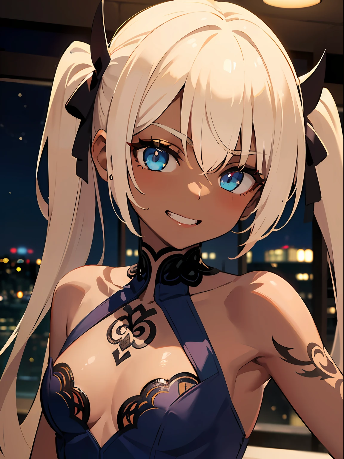 (1girl, 16years old girl, solo),(best quality,hyper detailed:1.5),more_details:1,(dark skin,midnight:1.5), (twin tail,embarrassed,evil_smile,seductive smile),(gravure posing),Detailed beautiful blue eyes,(sexy dress,pink frilled dress,detailed tattoo,indoor,in the pinknightclub,cabaret,light stand),detailed medium hair,(blond hair,small brest),immoral Atmosphere,Jewel accessory,intense angle,(dark skin,brown skin:1.3),Break,(absurdres, upper body,insanely detailed portrait,intense angle,expressive,ultra-detailed,an extremely delicate and beautiful),(perfect detailed eyes),(beautiful landscape,8k),(incredibly detailed,delicate and intricate hair,detailed intricate cloth),(shiny,clothes reflecting light),(midnight),