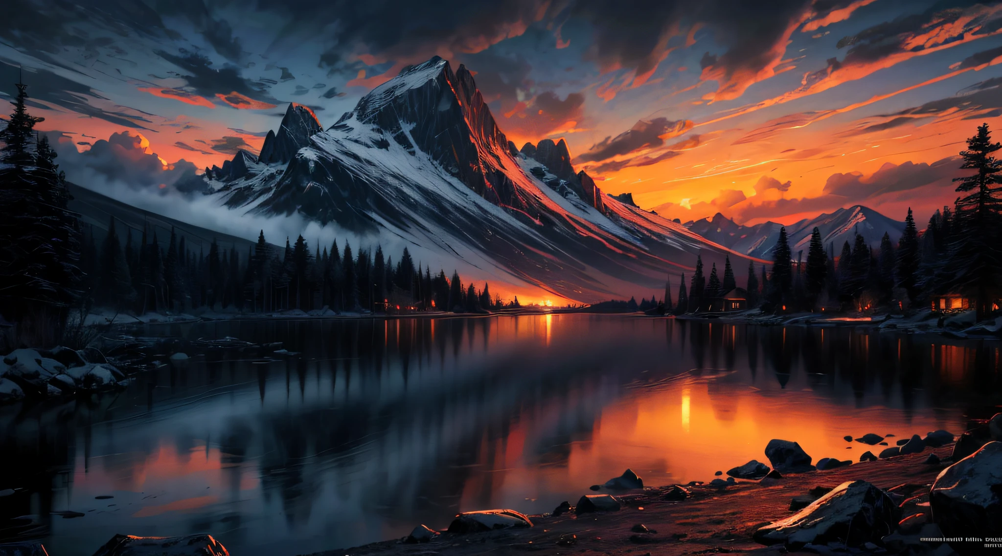 official art, unity 8k wallpaper, ultra detailed, beautiful and aesthetic, masterpiece, best quality, atmospheric, A dramatic sunset over a mountain range, Monochromatic, Radial, dappled,