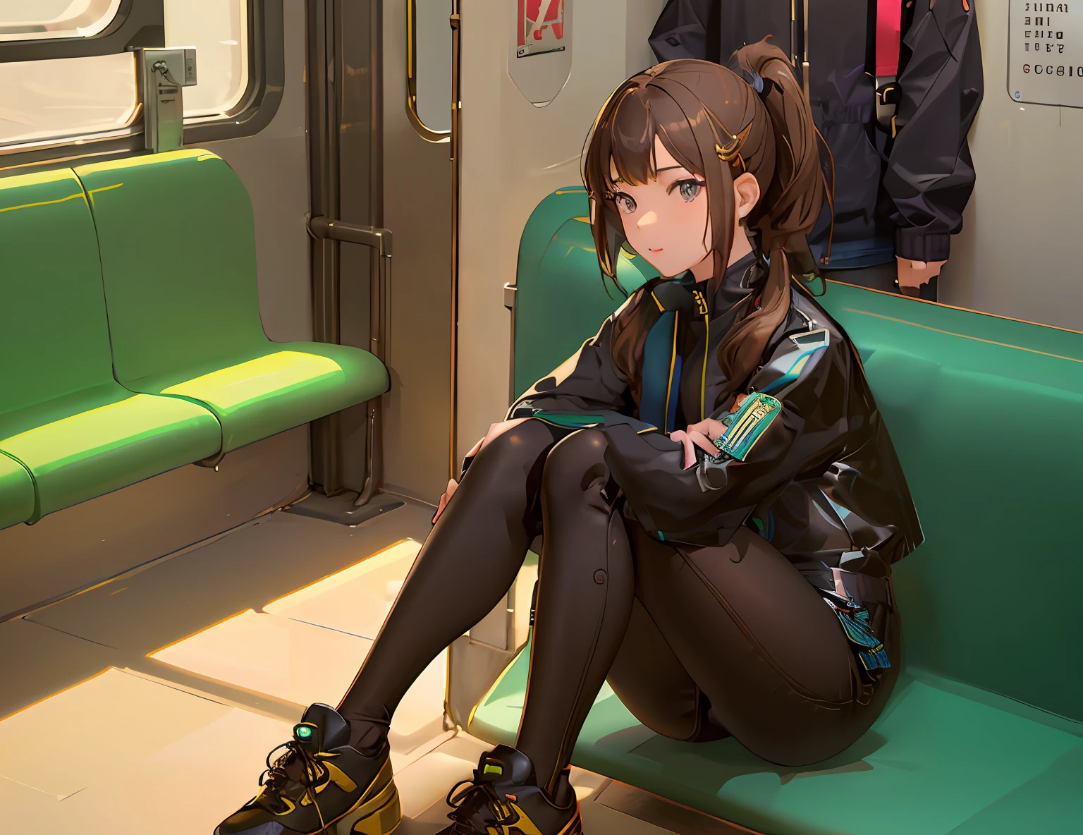 Japanese girl in school tights, sitting on the train, unbuttoned, showing off her iPhone 13 Pro Max