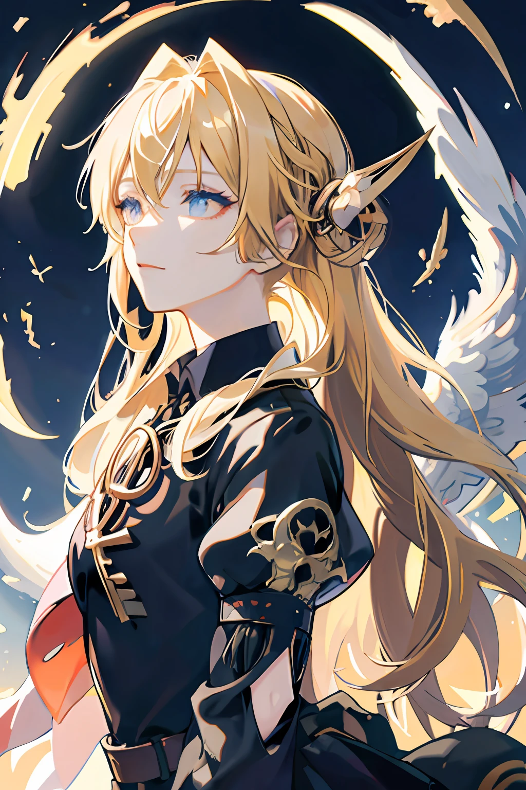 Anime girl with long blonde hair and angel wings in front of the night sky, Detailed key anime art, Detailed digital anime art, detailed portrait of an anime girl, a beautiful anime portrait, Stunning anime face portrait, Best anime 4k konachan wallpaper, shadowverse style, black anime pupils in her eyes, detailed anime character art, Key anime art