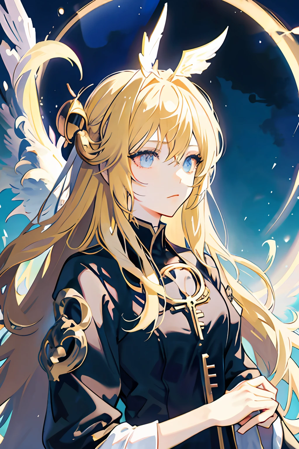 Anime girl with long blonde hair and angel wings in front of the night sky, Detailed key anime art, Detailed digital anime art, detailed portrait of an anime girl, a beautiful anime portrait, Stunning anime face portrait, Best anime 4k konachan wallpaper, shadowverse style, black anime pupils in her eyes, detailed anime character art, Key anime art