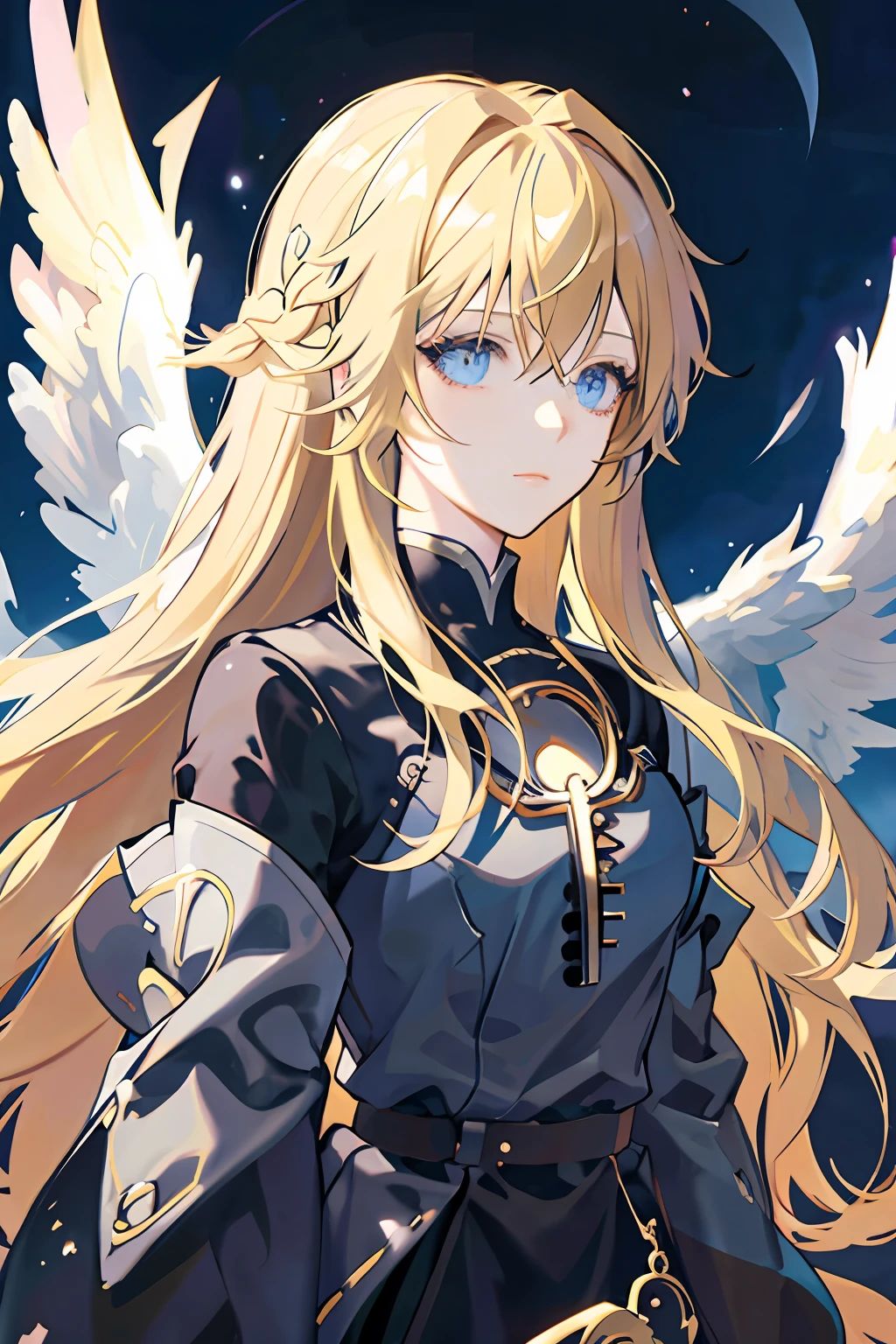 Anime girl with long blonde hair and angel wings in front of the night sky, Detailed key anime art, Detailed digital anime art, detailed portrait of an anime girl, a beautiful anime portrait, Stunning anime face portrait, Best anime 4k konachan wallpaper, shadowverse style, black anime pupils in her eyes, detailed anime character art, Key anime art