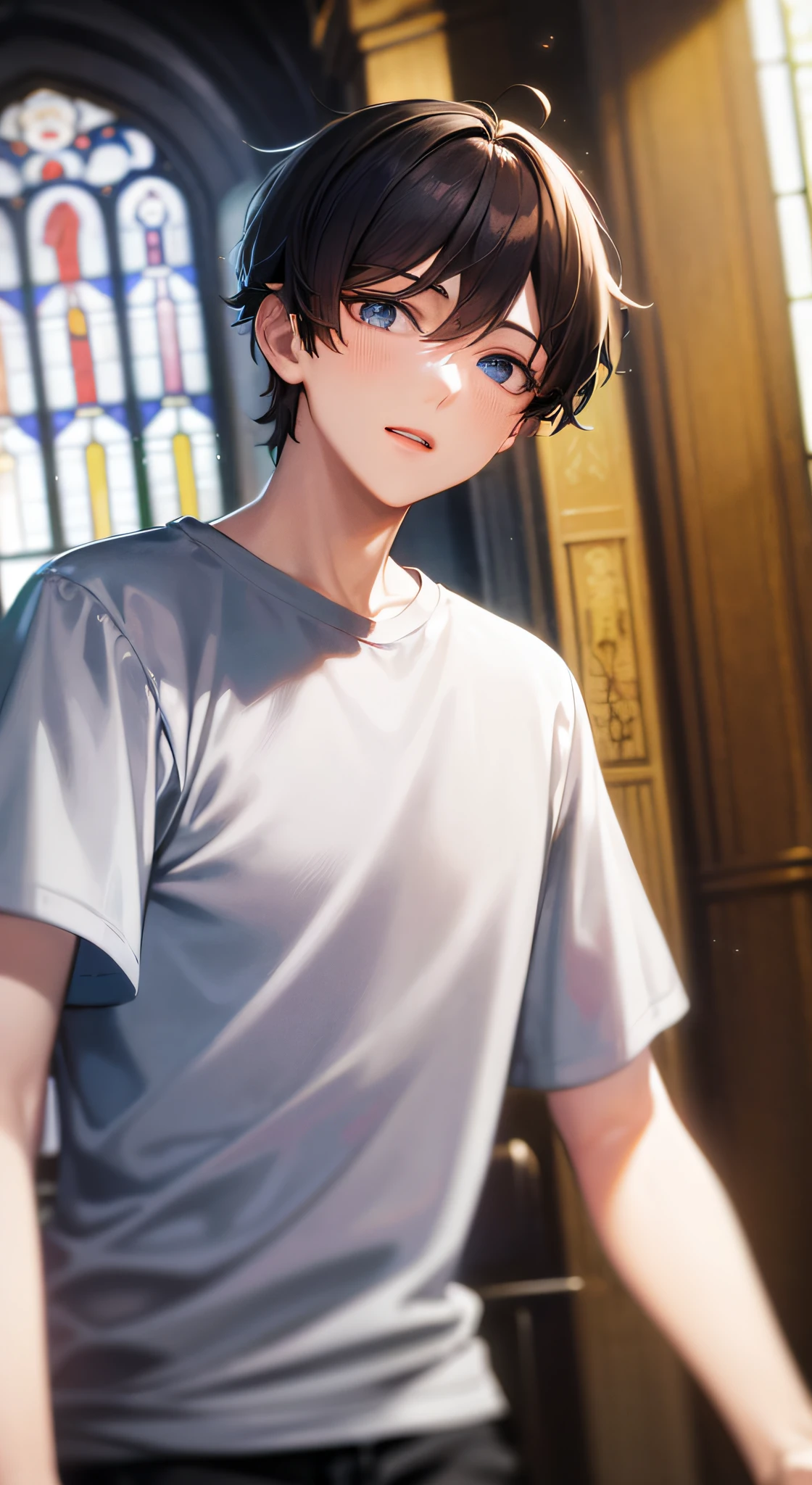 masterpiece, best quality, high quality, 1boy, solo, male focus, (lower his head:1.2), cold light, (blue_eyes:1.2), (mullet:1.2), (black hair:1.2), (T-shirt:1.2), (colorful glass background:1.2), (Greek frescoes:1.2), (Inside the church:1.5)