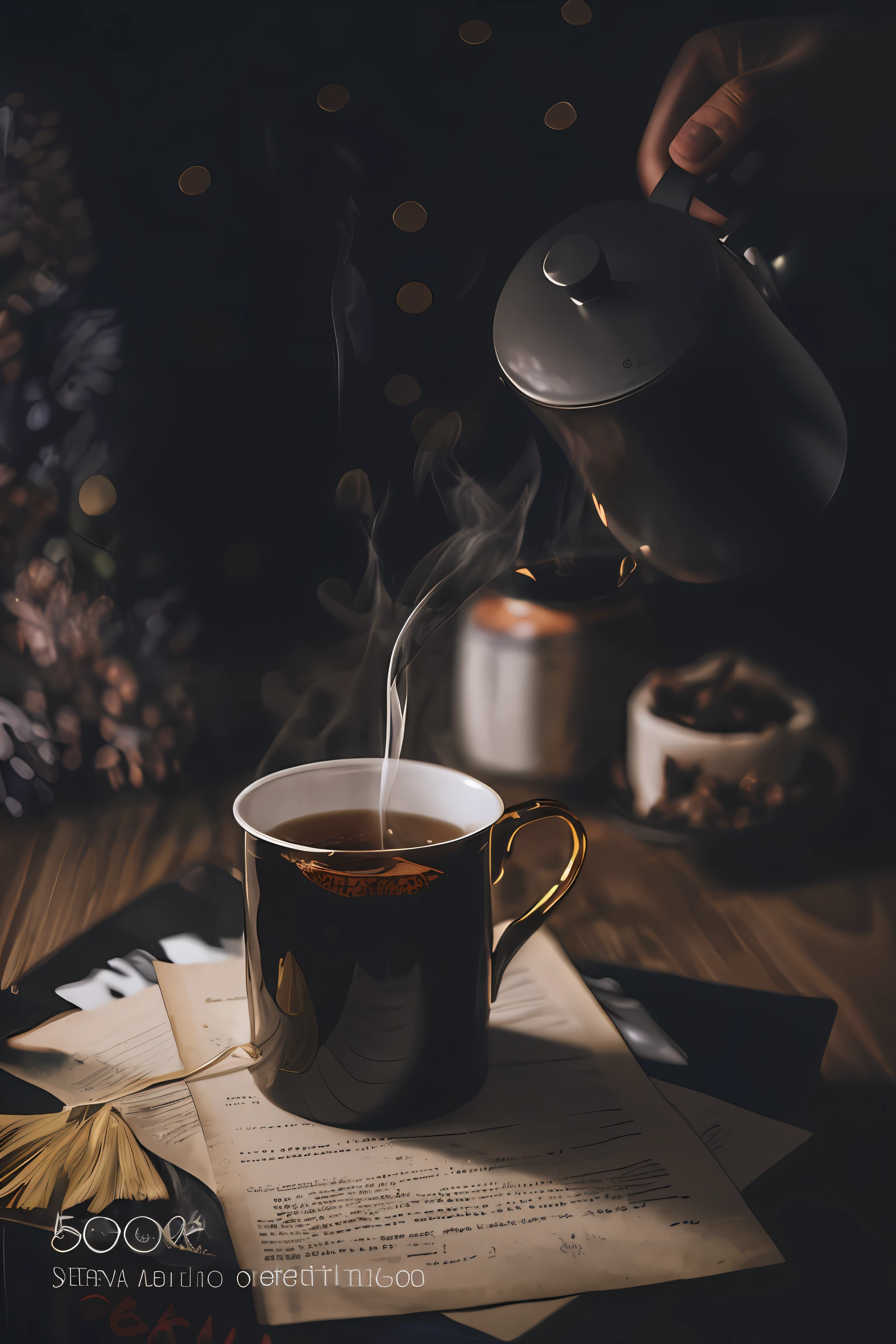 a person pouring tea into a cup on a table, stands ((drinking a cup of tea)), steaming coffee, aconchego, morning coffee, hot coffee, Humor matinal, atmosfera aconchegante, Atmoshpere aconchegante, drinking tea, Grumpy morning light, full of steaming coffee, coffee smell, Derramamento, Jovana Rikalo, Cozy setting, ☕ em cima da mesa