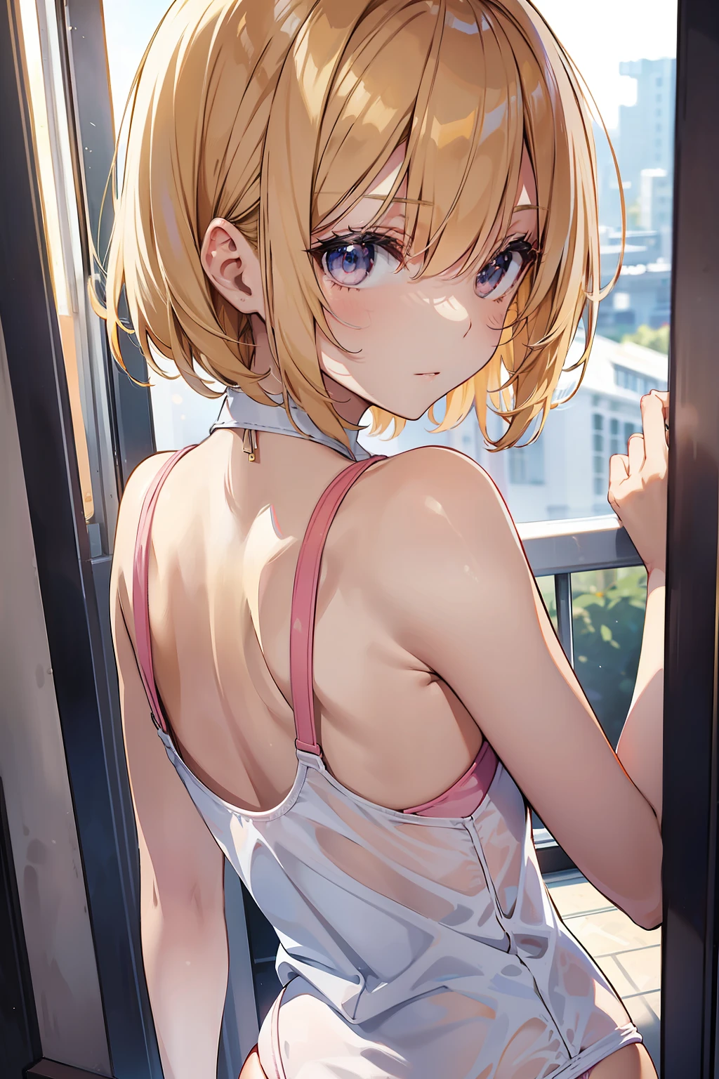 top-quality、Slender beauty、straight haired、very short hair of golden color,、White knee-high、hi-school girl、Pink School Swimsuit、s ass