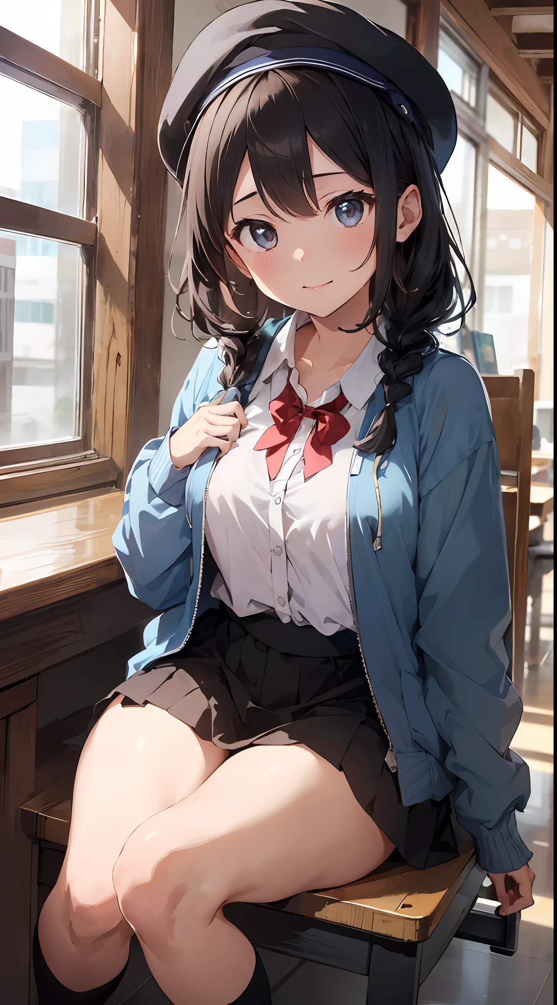 Masterpiece to the smallest detail、top-quality、1girl in、独奏、25-years old、170cm、Plump breasts、ＡＡＡCup Breast、(Uneven chest:1.4)、Extraordinary beauty、Silky texture hair、Semi-long、Braids、Two-color mesh、Realistic eyes、Outstanding looks、Unclear、proximity、Closed_Mouth、A smile、red blush、full of shyness、Hats that look good、Hats、pink bowtie、校服、 Blue jacket、jaket、skirt by the、Gray pretz skirt、Cutter shirt、white  shirt、an legs、Black socks、sitting on、s Office、hair_ornament detached、up looking_で_viewer、beatiful detailed eyes、Attractive gestures、panties on、seductiv、Professional effects、invite、Ignorant look、receptionist、Large Enterprise Building