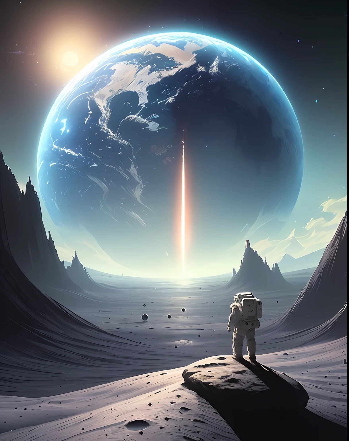 masterpiece, top-quality,, on the moon:, (planet earth:1.3) Background with, detaileds, trending, art stations, Deviant art, artstation hd, 8K, hight resolution, detaileds, art by, Fantasia, Fantasyart, in the style of greg rutkowski