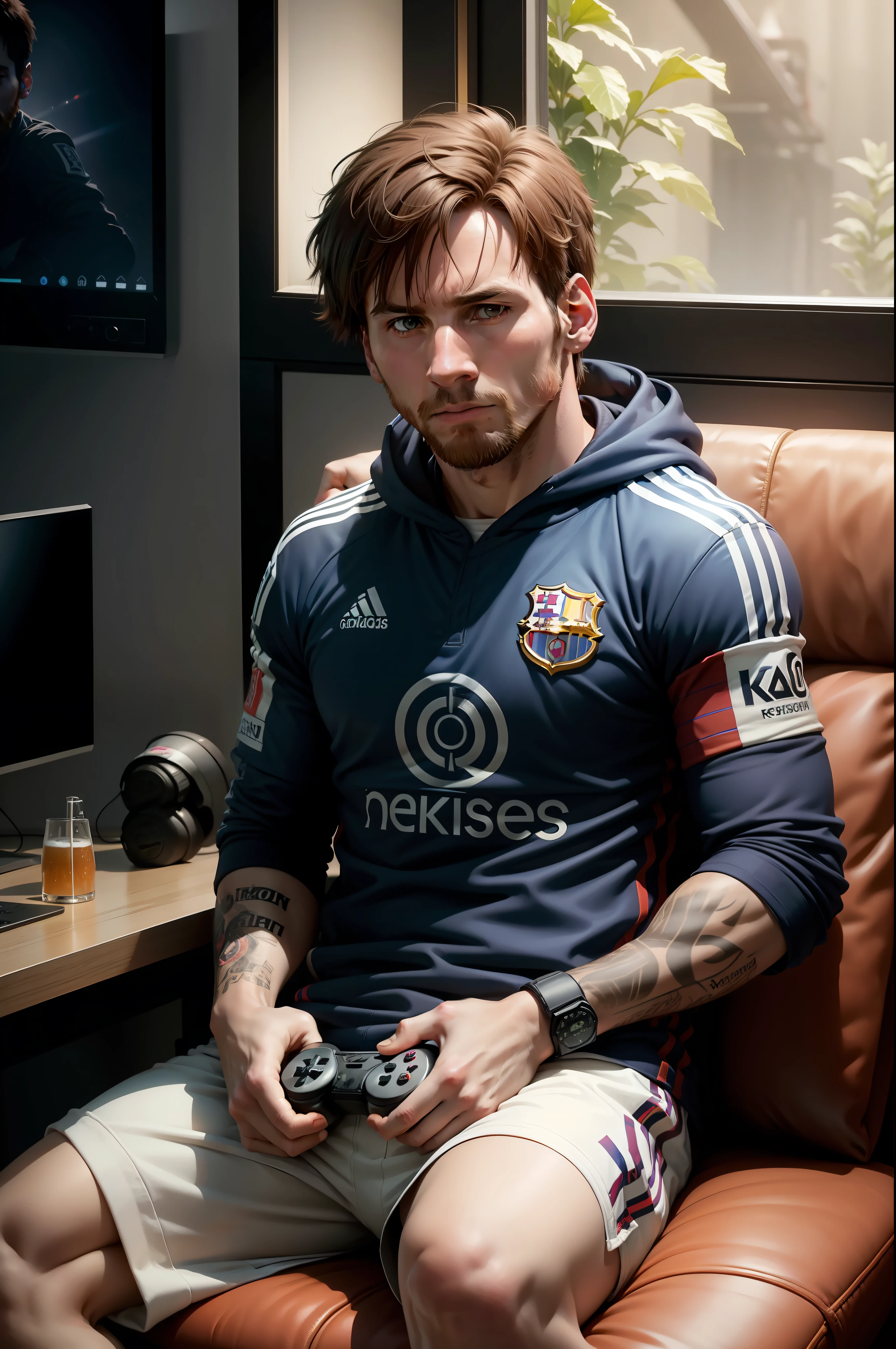 Lionel Messi, holding a game controller in your hands in a room playing video games, roupas de equipe esportiva, Beer in your hands, rosto detalhado, olhos detalhados, Ki ao redor, energia ao redor