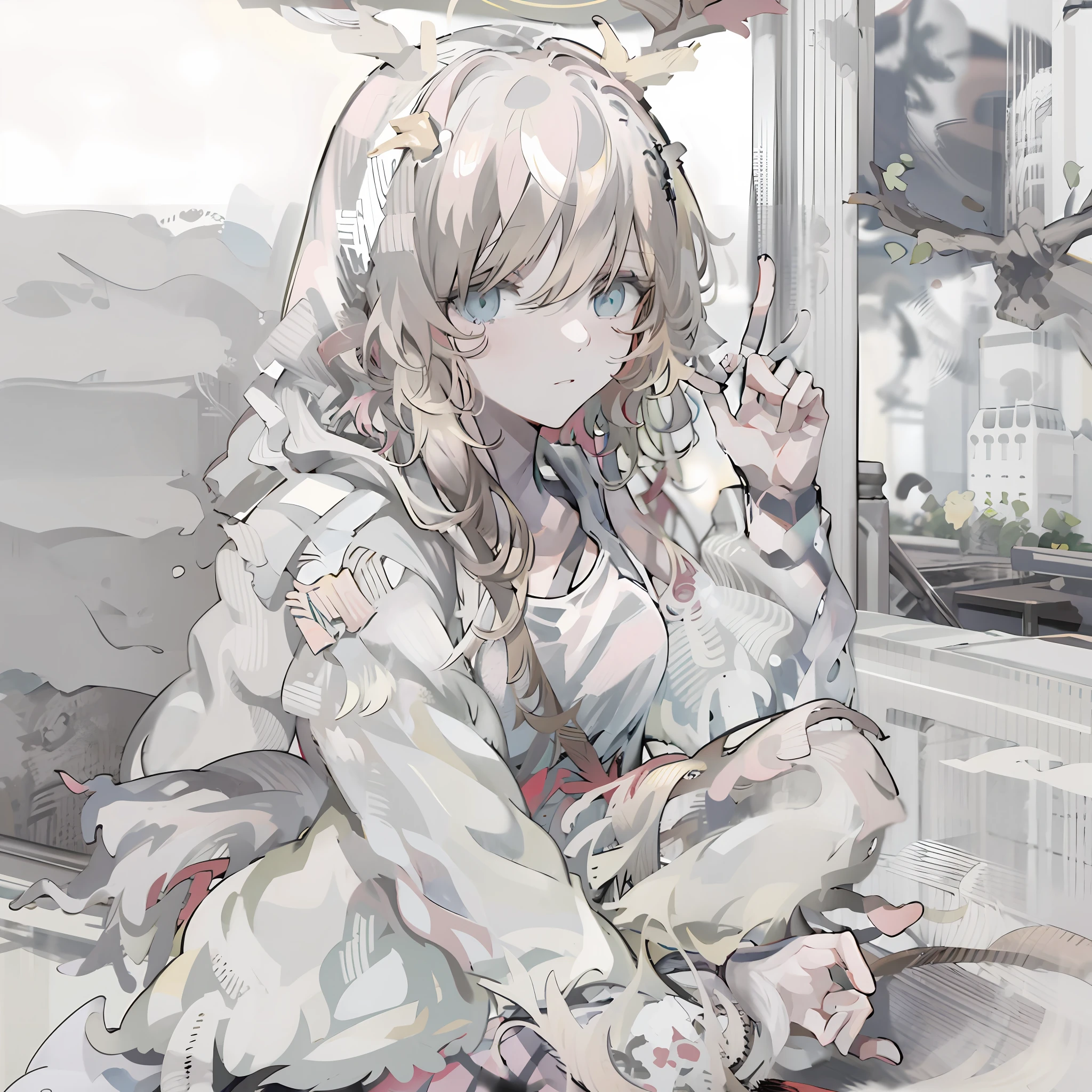 Anime girl sitting on the ground,There is a halo on the top of the head, Line sketch!!, clean anime outlines, anime sketch, Anime moe art style, Line sketch, flat anime style shading, sketchy artstyle, anime shading), thick line art, sketched, Casual pose, thick lineart, clean and meticulous anime style, linear art, with index finger, Line art!!