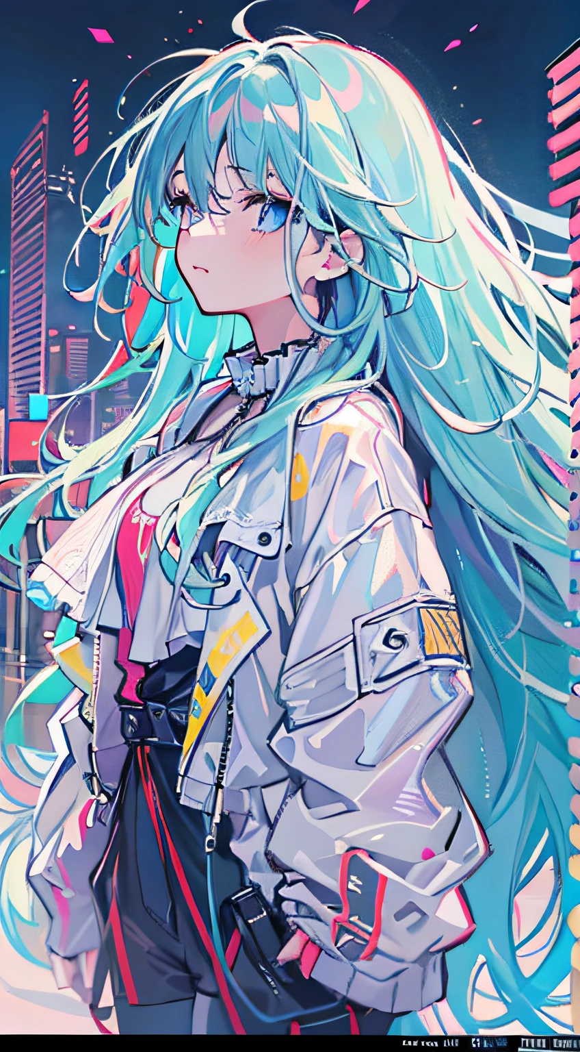 1girll, Colorful clothes, long whitr hair, High ponytail, eBlue eyes, blue-sky, baiyun, multicolored hair, Messy hair, Tonalism, romanticism lain, Contemporary art, Impressionism, reflective light, 8K, Masterpiece, High details, Best quality, ccurate