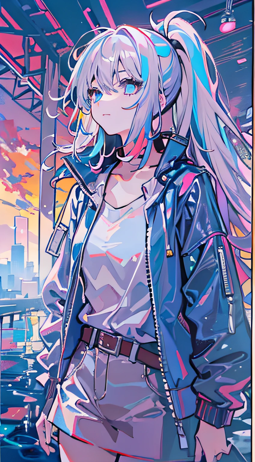 1girll, Colorful clothes, long whitr hair, High ponytail, eBlue eyes, blue-sky, baiyun, multicolored hair, Messy hair, Tonalism, romanticism lain, Contemporary art, Impressionism, reflective light, 8K, Masterpiece, High details, Best quality, ccurate