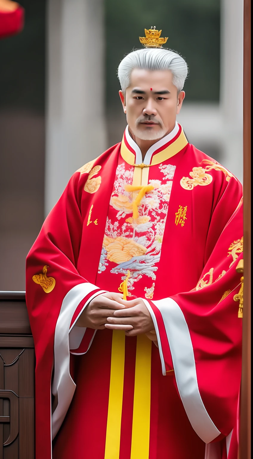 Masterpiece, Highest quality, (solofocus),, (High detail: 1.1),dojo，Red and yellow robes，The male， Man, chinese crown, 1人,and white hair,超高分辨率 , Detailed background, realisticlying, wearing a detailed and intricate xianxia antique outfit