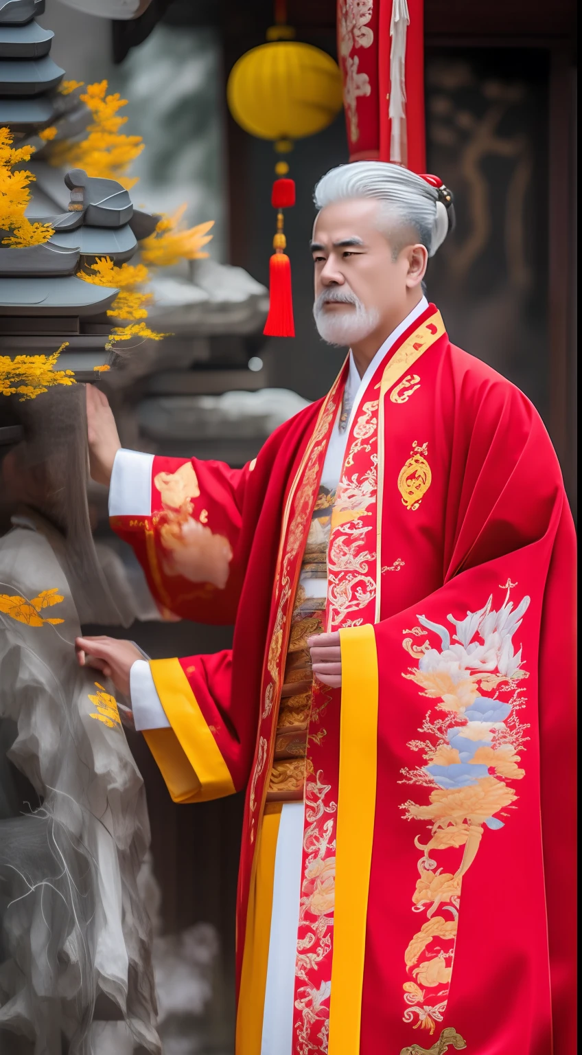Masterpiece, Highest quality, (solofocus),, (High detail: 1.1),dojo，Red and yellow robes，The male， Man, chinese crown, 1人,and white hair,超高分辨率 , Detailed background, realisticlying, wearing a detailed and intricate xianxia antique outfit
