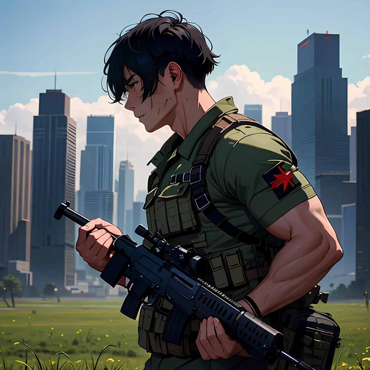 A heavily armed soldier stands on an empty field，Strong physique，Short black hair，There are traumas of various sizes on the body，A bloody bandage wrapped around his arm