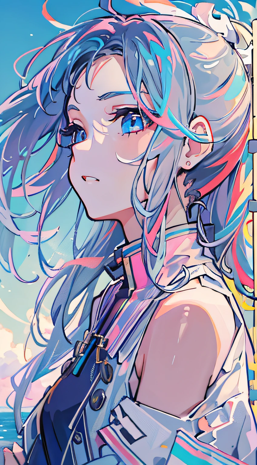 1girll, Colorful clothes, long whitr hair, High ponytail, eBlue eyes, blue-sky, baiyun, multicolored hair, Messy hair, Tonalism, romanticism lain, Contemporary art, Impressionism, reflective light, 8K, Masterpiece, High details, Best quality, ccurate