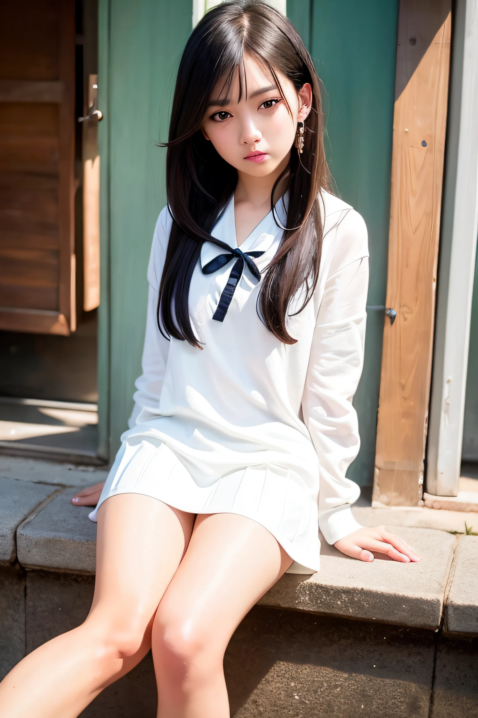 (Highly detailed CG unity 8k wallpaper), (Masterpiece), (Best Detail), (Best Detail), (Best Illustration), (Best Shadow), (Photorealistic:1.6), Real Human Skin, Lens Flare, Shade, Backlight, Bloom, Depth of Field, Natural Light, Hard Focus, Film Grain, Look Viewer, Asian, kpop idol:1.2, mix4 , 1 girl, 21 years old, solo, skinny, pale skin, soft lips, (thin eyebrows: 1.4), shiny brown eyes, black straight hair, small breasts, beautiful detailed sky, street (crowd: 1.2), night, (nose turns red), beautiful detailed eyes, white Japan school uniform, sailor suit, black pleated skirt, stockings, sneakers, happy, smile