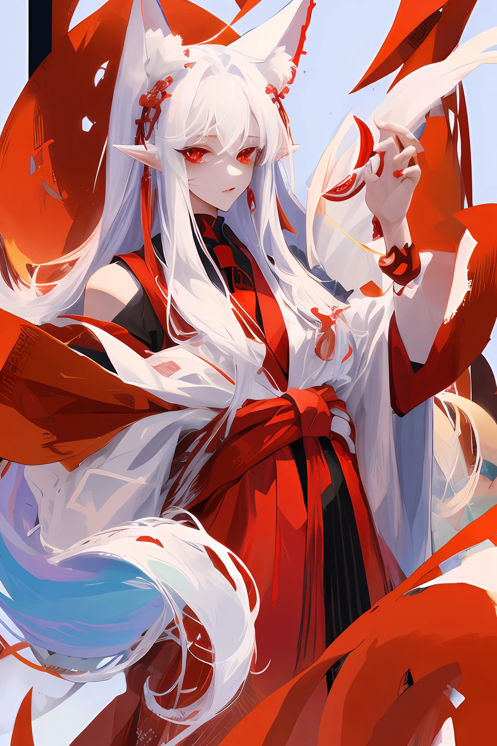 A guy with long white hair and red eyes, fox ears and 9 tails