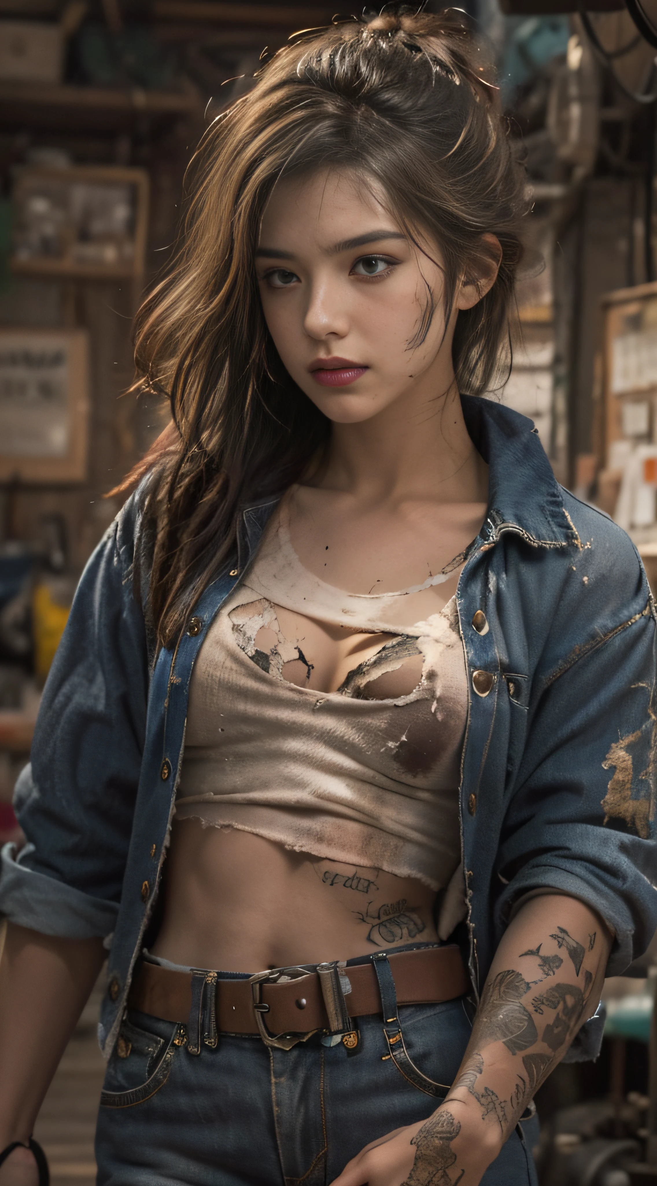 ((best quality)), ((masterpiece)), (detailed), mesmerizing and alluring female mechanic covered in grease, (Dirty and rugged charm:1.2), (tough and confident demeanor:1.1), (mechanical expertise:1.3), disheveled hair, smudged face with a playful smirk, stained overalls clinging to her curves, (gritty tools of the trade:1.2), cluttered repair shop, scattered car parts, (authentic automotive ambiance:1.2), (intense gaze:1.1), gripping a wrench in her dirty hands, 8k resolution,looking at another, looking away,( tattoo:1.2), masterpiece, best quality,