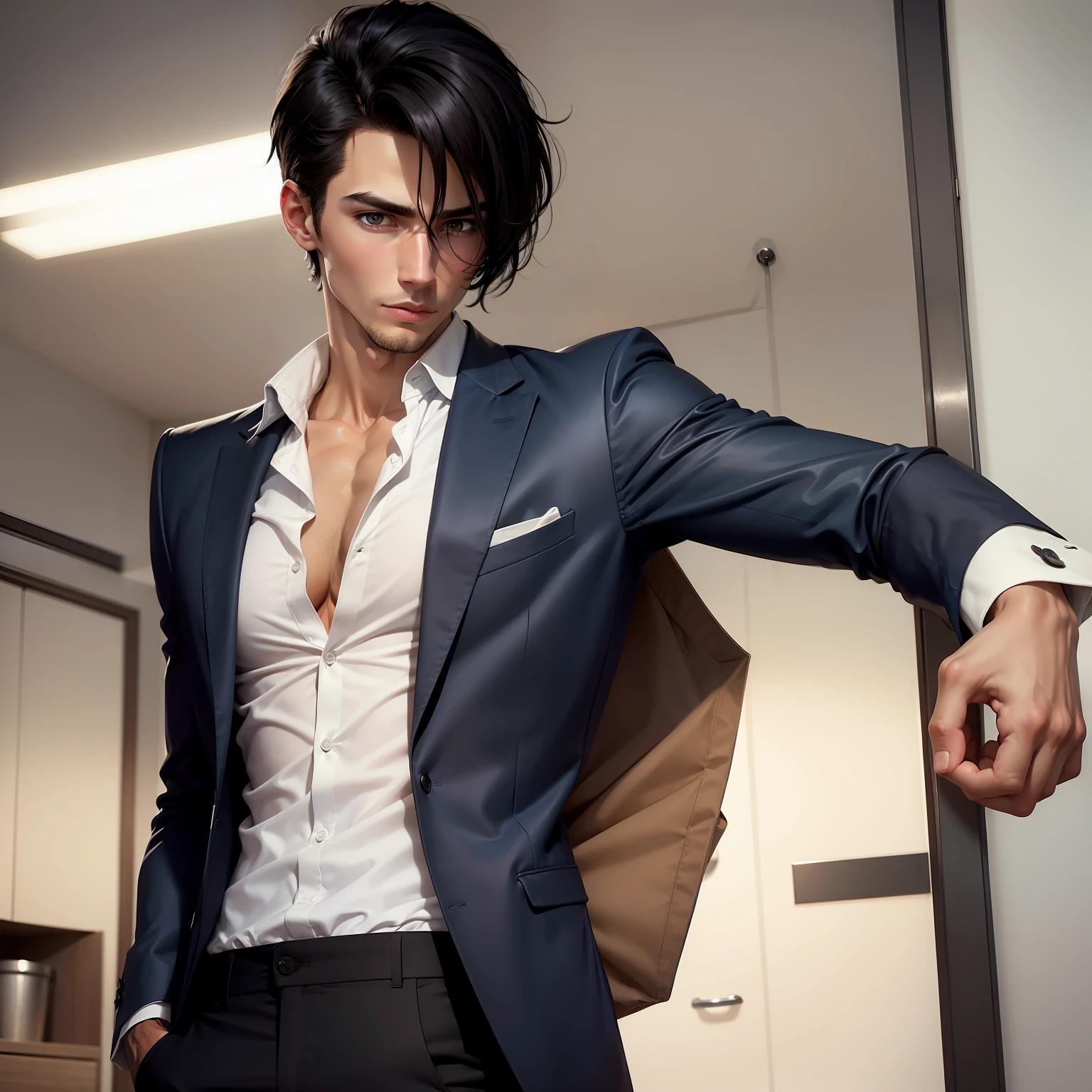 (Homem) Skinny with short black hair blue pants white shirt with a brown jacket (de corpo inteiro)(detetive)