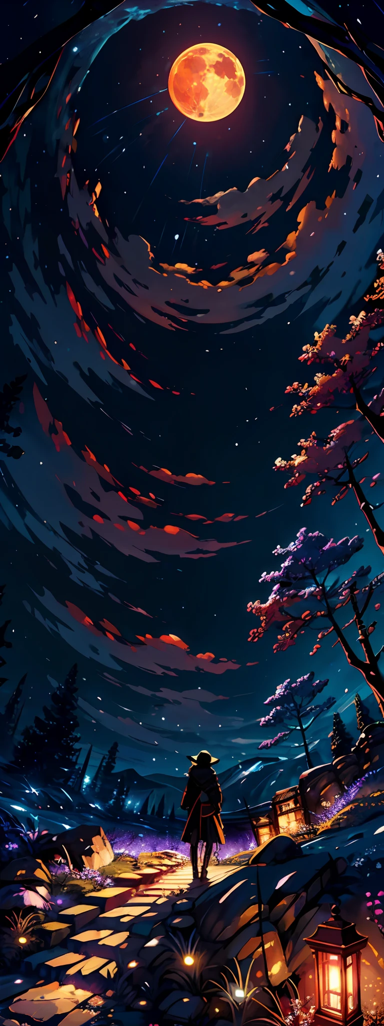 Vast landscape photos、(View from below with views of the sky and below)、Hunter girl standing at the top of a mountain and looking up、(fullmoon:1.2)、(shooting stars:0.9)、(nebulas:1.3)、mountain in the distance、Far Lighting Break Production Art、(Warm color light source:1.2)、(fireflys:1.2)、abajour、orange and purple、intricate detailes、Volume Lighting BREAK (masterpiece:1.2)、(top-quality)、4K、ultra-detailliert、(The composition of the movement:1.4)、Highly detailed and colorful details(Irridescent color:1.2)、(Glowing lighting、Atmospheric illumination)、dream-like、Magical、(独奏:1.2)