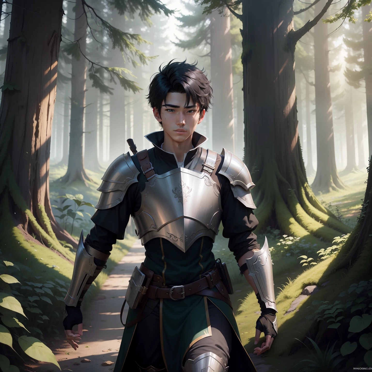 The animations are rich in detail,This is a high-quality 8K masterpiece。20-year-old teenager,A male,bachelorhood,with short black hair,White light armor,forest backgrou,Grass elemental magic,fantasy