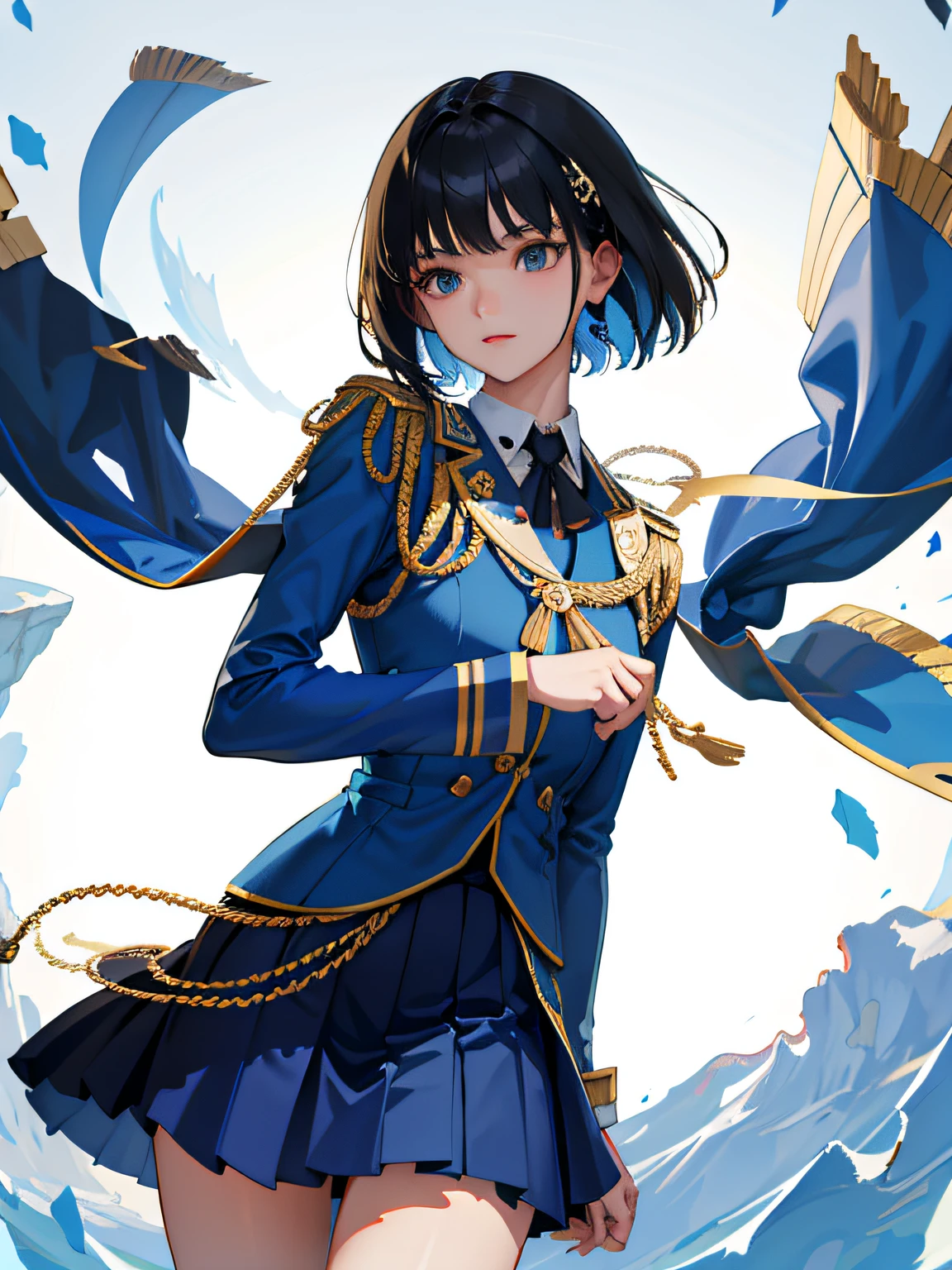 【Top resolution、Distinct_image】top-quality、masterwork、high-level image quality、Semi-reality、Black hair short hair woman、Triple Bang、Blue uniform、Blue pleated skirt、military outfits、pov、Military Academy、