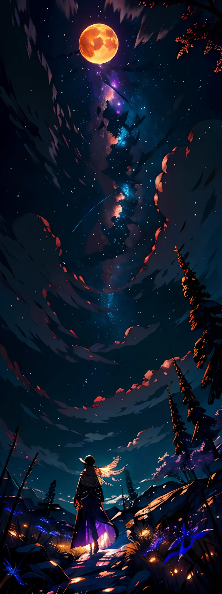 Vast landscape photos、(View from below with views of the sky and below)、Hunter girl standing at the top of a mountain and looking up、(fullmoon:1.2)、(shooting stars:0.9)、(nebulas:1.3)、mountain in the distance、Far Lighting Break Production Art、(Warm color light source:1.2)、(fireflys:1.2)、abajour、orange and purple、intricate detailes、Volume Lighting BREAK (masterpiece:1.2)、(top-quality)、4K、ultra-detailliert、(The composition of the movement:1.4)、Highly detailed and colorful details(Irridescent color:1.2)、(Glowing lighting、Atmospheric illumination)、dream-like、Magical、(独奏:1.2)
