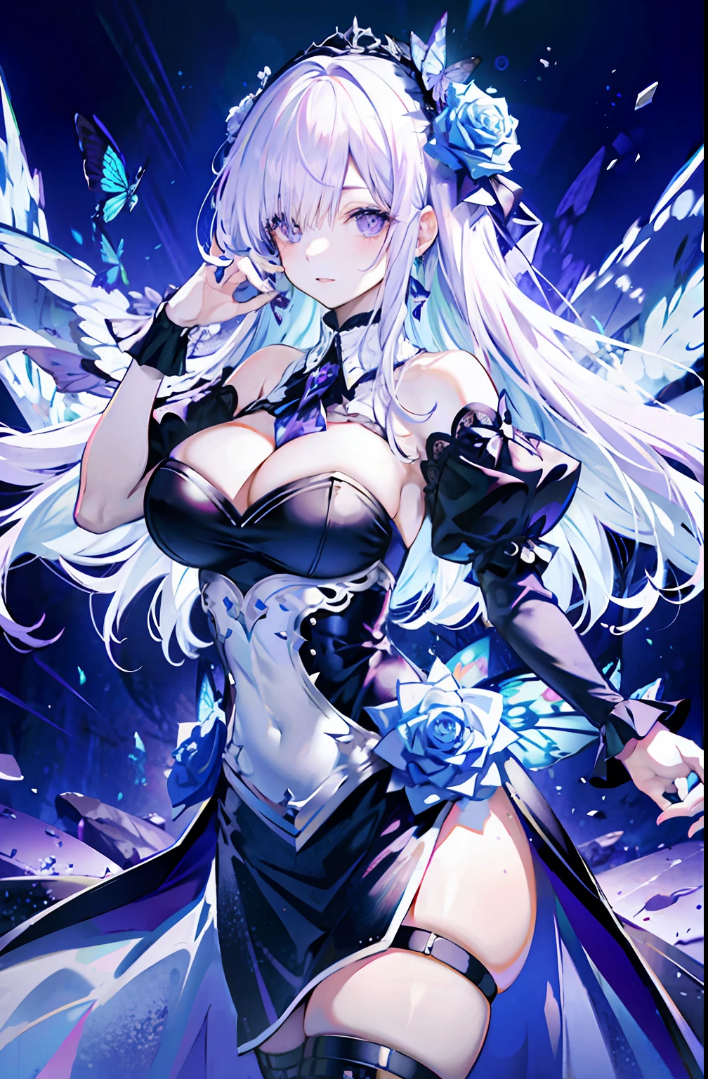 silber hair,erflys,long whitr hair,8k wallpaper,detailedbackground,Highest high resolution,deep v big r covers one eye,Bandeau,Church background,Purple roses,tight-fitting,themoon,