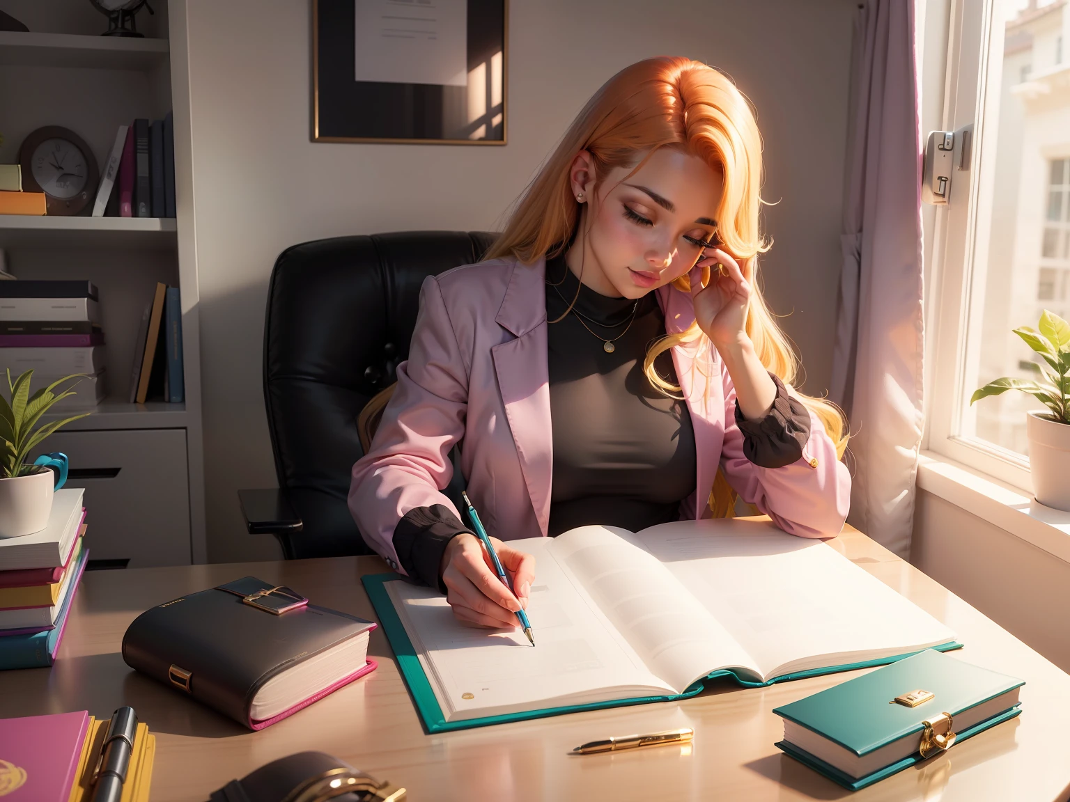 Por favor, um retrato de um, "Introducing my new and improved productivity sanctuary! 💼✨ Cada item tem o seu lugar, Vibrant colors stimulate creativity and the sense of calm reigns supremely". Agora, Finding what I need is like a refreshing breeze.