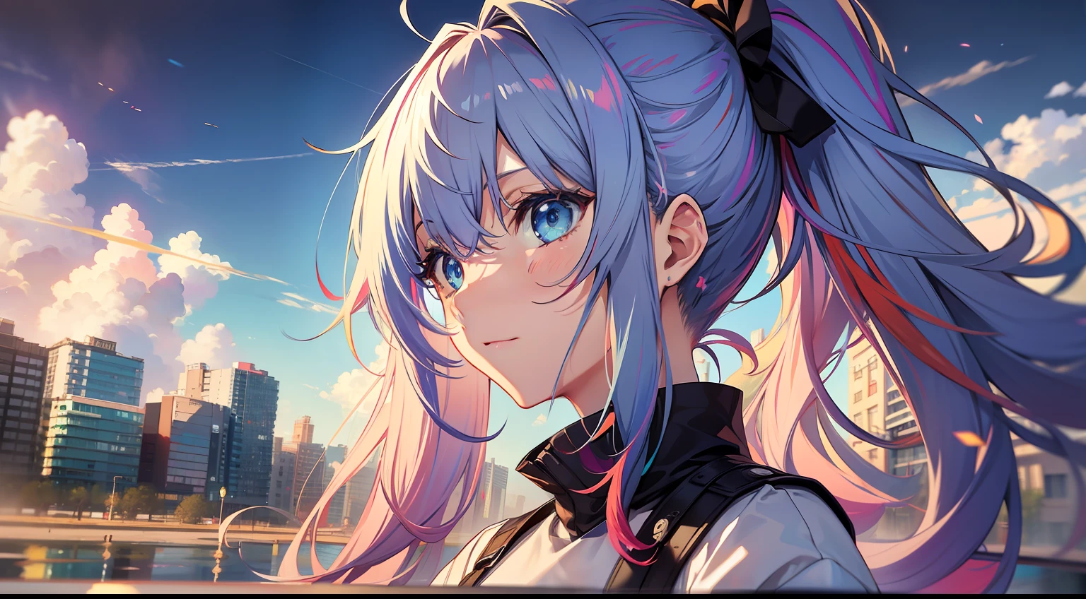 1girll, Colorful clothes, long whitr hair, High ponytail, eBlue eyes, blue-sky, baiyun, multicolored hair, Messy hair, Tonalism, romanticism lain, Contemporary art, Impressionism, reflective light, 8K, Masterpiece, High details, Best quality, ccurate