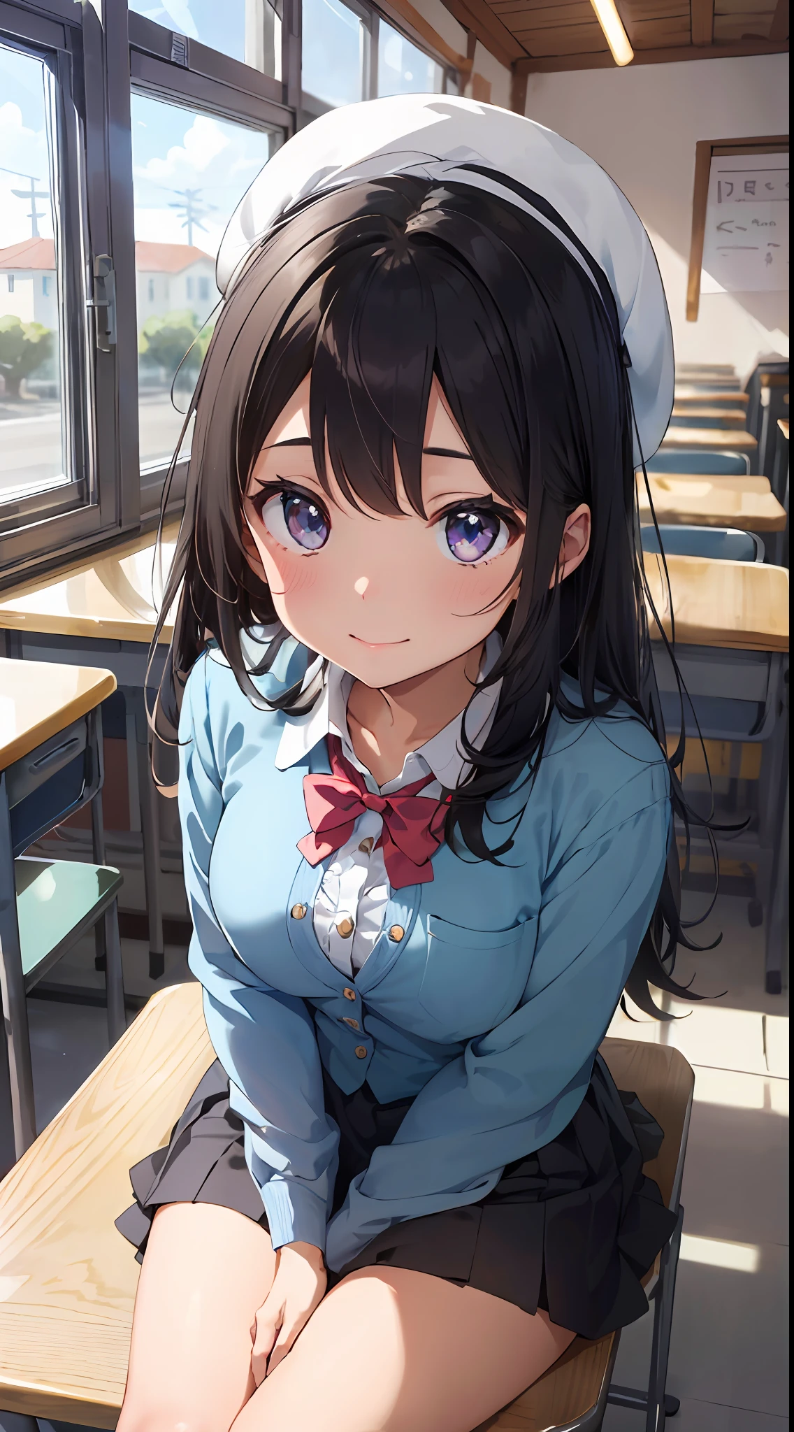 Masterpiece to the smallest detail、top-quality、realisitic、1girl in、独奏、18year old、Looks like 5 、140cm petite beautiful girl、small tits、5 year old ir、Gradient bob in the forward、Pink and violet mesh、Tall, big eyes、Outstanding looks、A lovely child、proximity、closed_moutmile、red blush、full of shyness、blue headwear、Hats、pink bowtie、校服、 Blue Blazer、blazers、Pretz skirt、grey skirt、Silk blouse、White blouses、an legs、Black socks、sitting on、Classroom、hair_ornament、looking_at_viewer、beatiful detailed eyes、Realistic eyes、panties on、unclear、Professional effects、unclear、Enhanced elegance、Innocent、wretched、maidennurse