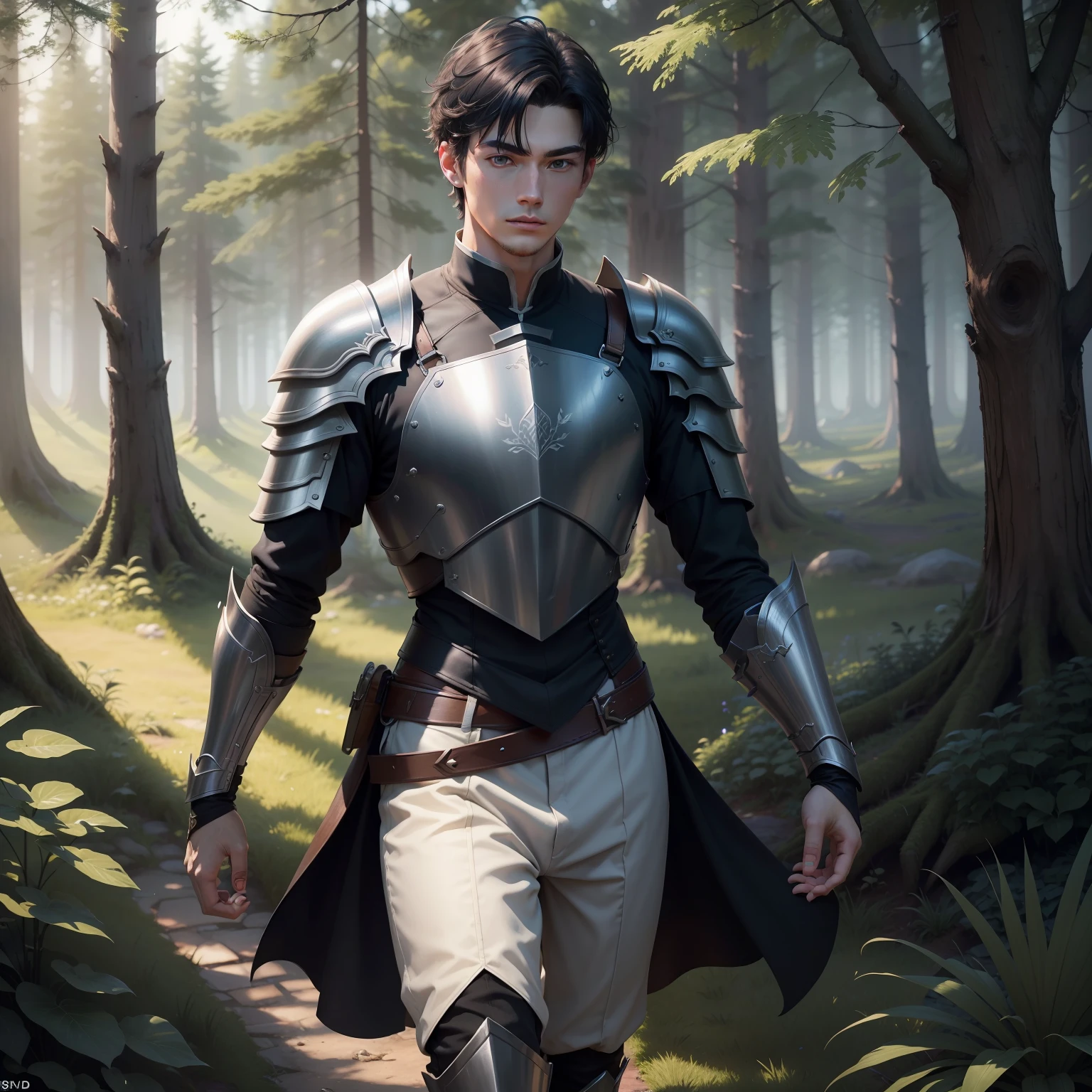 The animations are rich in detail，This is a high-quality 8K masterpiece。20-year-old man，A male，bachelorhood，with short black hair，White light gentleman armor，forest backgrou，Grass elemental magic，fantasy