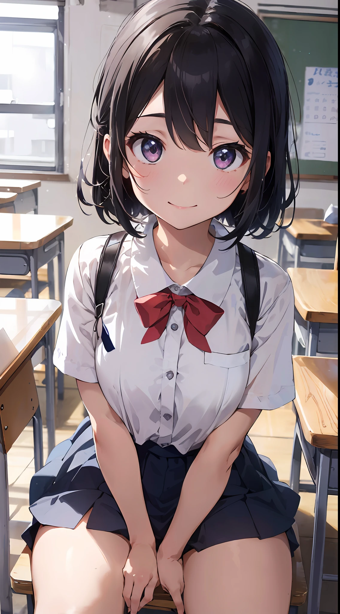 Masterpiece to the smallest detail、top-quality、realisitic、1girl in、独奏、18year old、Looks like 5 years old、140cm petite beautiful girl、small tits、5 year old baby face、Silky hair、Gradient bob in the forward、Pink and violet mesh、Tall, big eyes、Outstanding looks、A lovely child、proximity、closed_mouth、a smile、red blush、full of shyness、blue headwear、Hats、pink bowtie、校服、 Blue Blazer、blazers、Pretz skirt、grey skirt、Silk blouse、White blouses、an legs、Black socks、sitting on、Classroom、hair_ornament、looking_at_viewer、beatiful detailed eyes、Realistic eyes、panties on、unclear、Professional effects、unclear、Enhanced elegance、Innocent、wretched、maidennurse