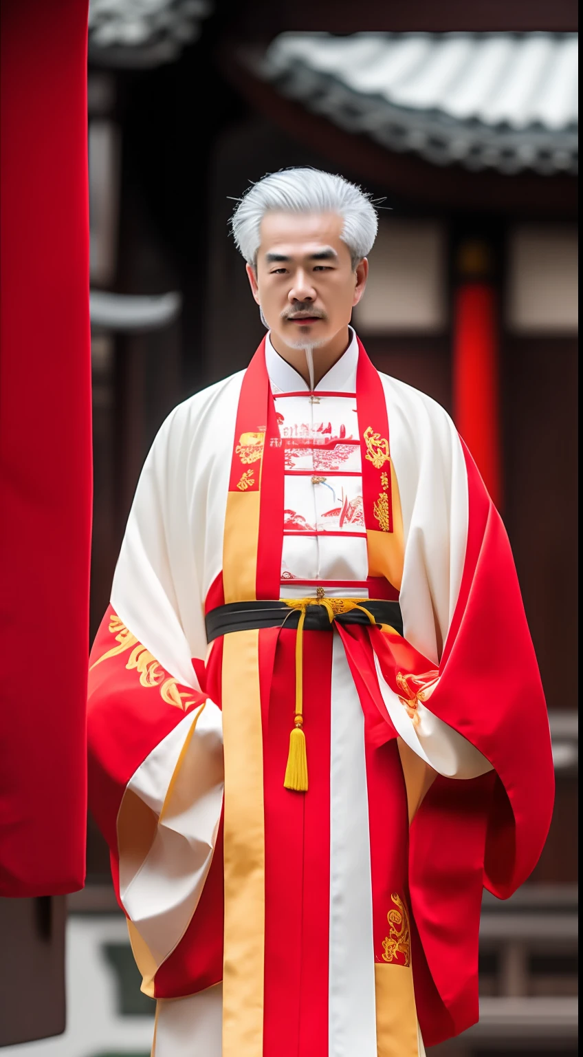 Masterpiece, Highest quality, (solofocus),, (High detail: 1.1),dojo，Red and yellow robes，The male， Man, chinese crown, 1人,and white hair,超高分辨率 , Detailed background, realisticlying, wearing a detailed and intricate xianxia antique outfit