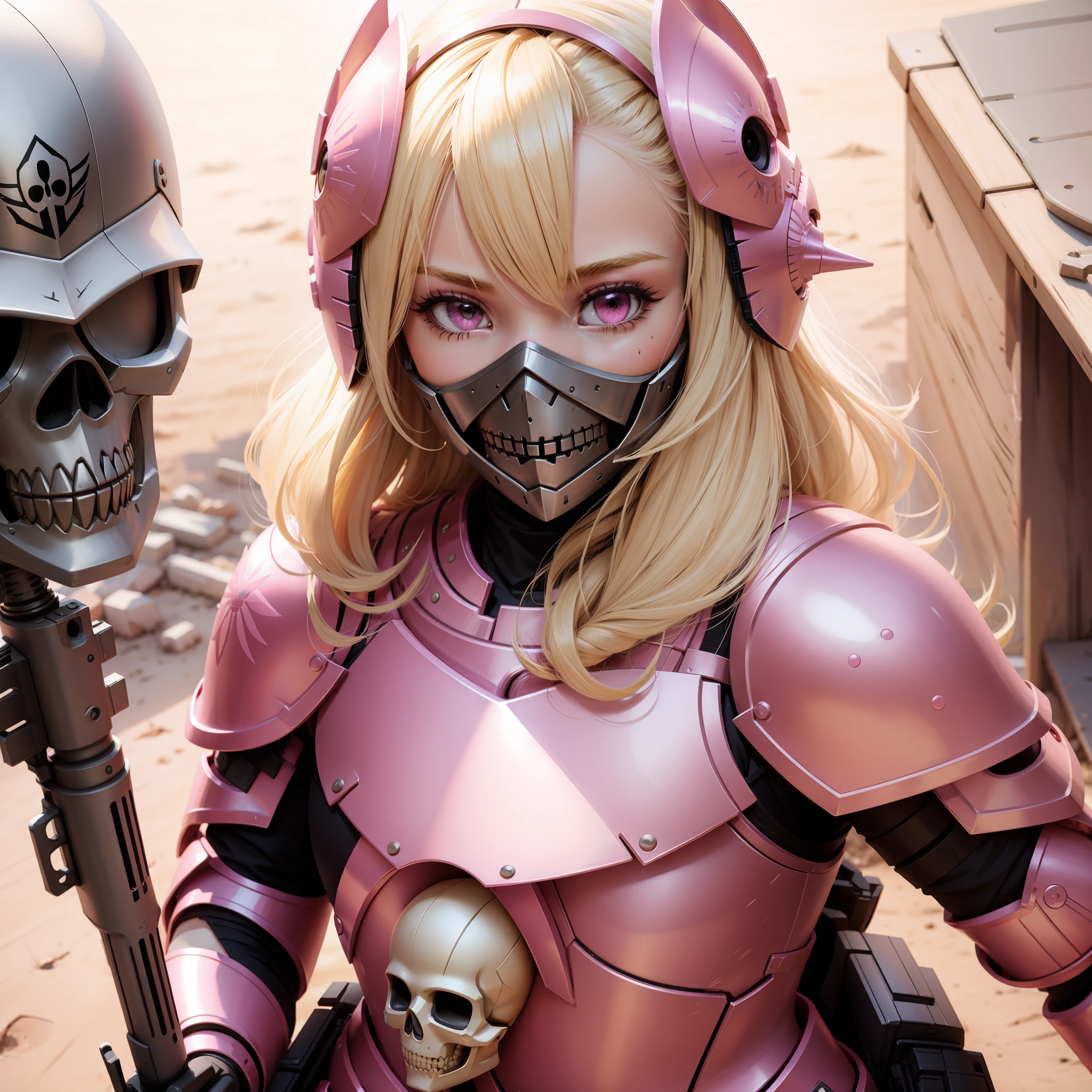 blonde barbie, cute, girly, skull mask, (pink armor:1.2), army, holding weapon, thedeathsquad