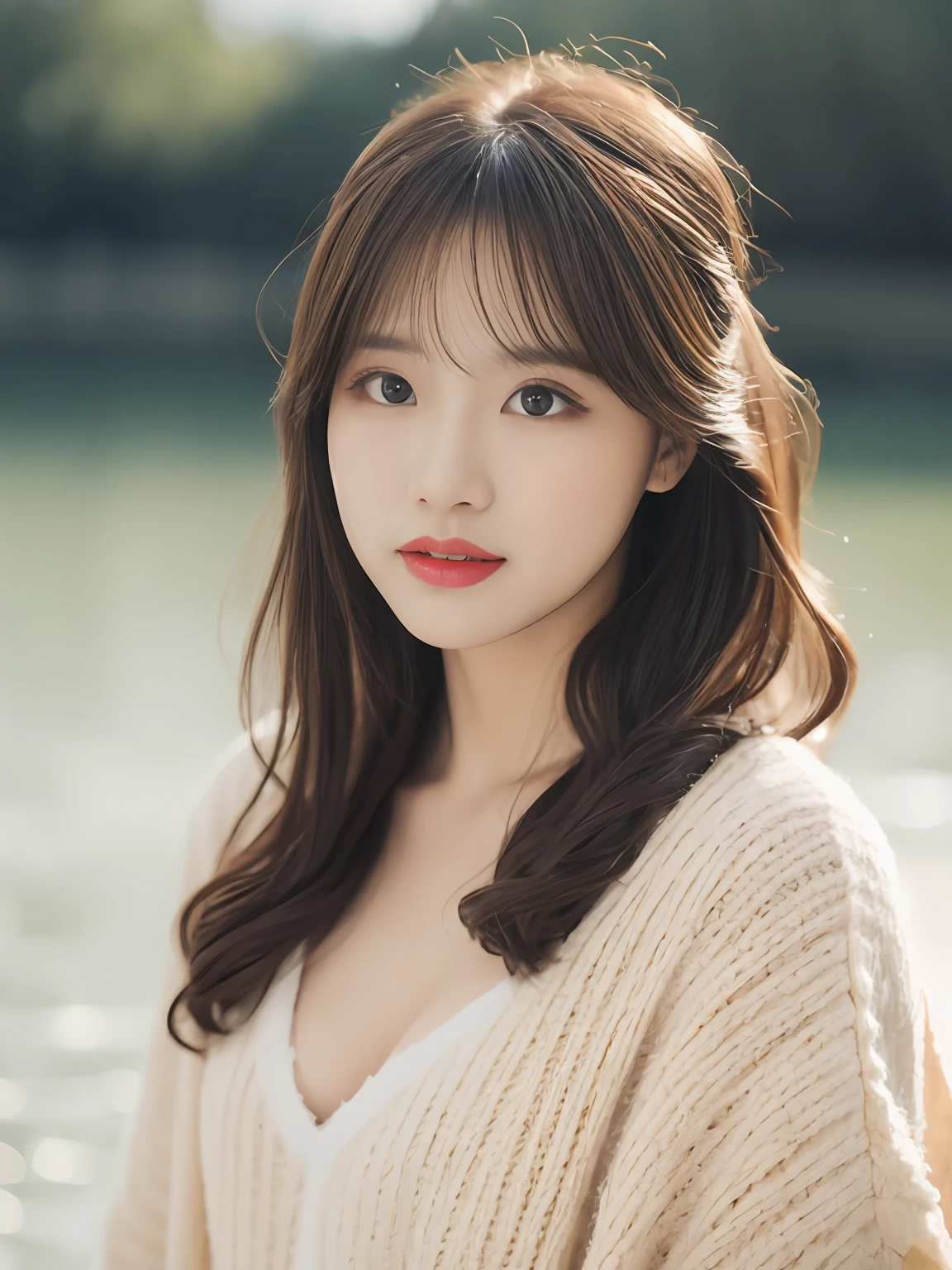 1girl walking on the river, mix4, sweater, pillow, lips, open_mouth, realistic, photo_\(medium\), solo, stuffed_animal, stuffed_toy, teddy_bear,(masterpiece),(photorealistic:1.3), ultra-detailed, (high detailed skin:1.2),(best quality:1.0), (ultra highres:1.0), (ulzzang-6500:0.3), wavy detailed hair, long hair, sunshine, (beautiful detailed makeup), (sexually aroused blushing heavy breathing:1.0), floral theme flower petals scattered, (soft glow bloom:0.5)