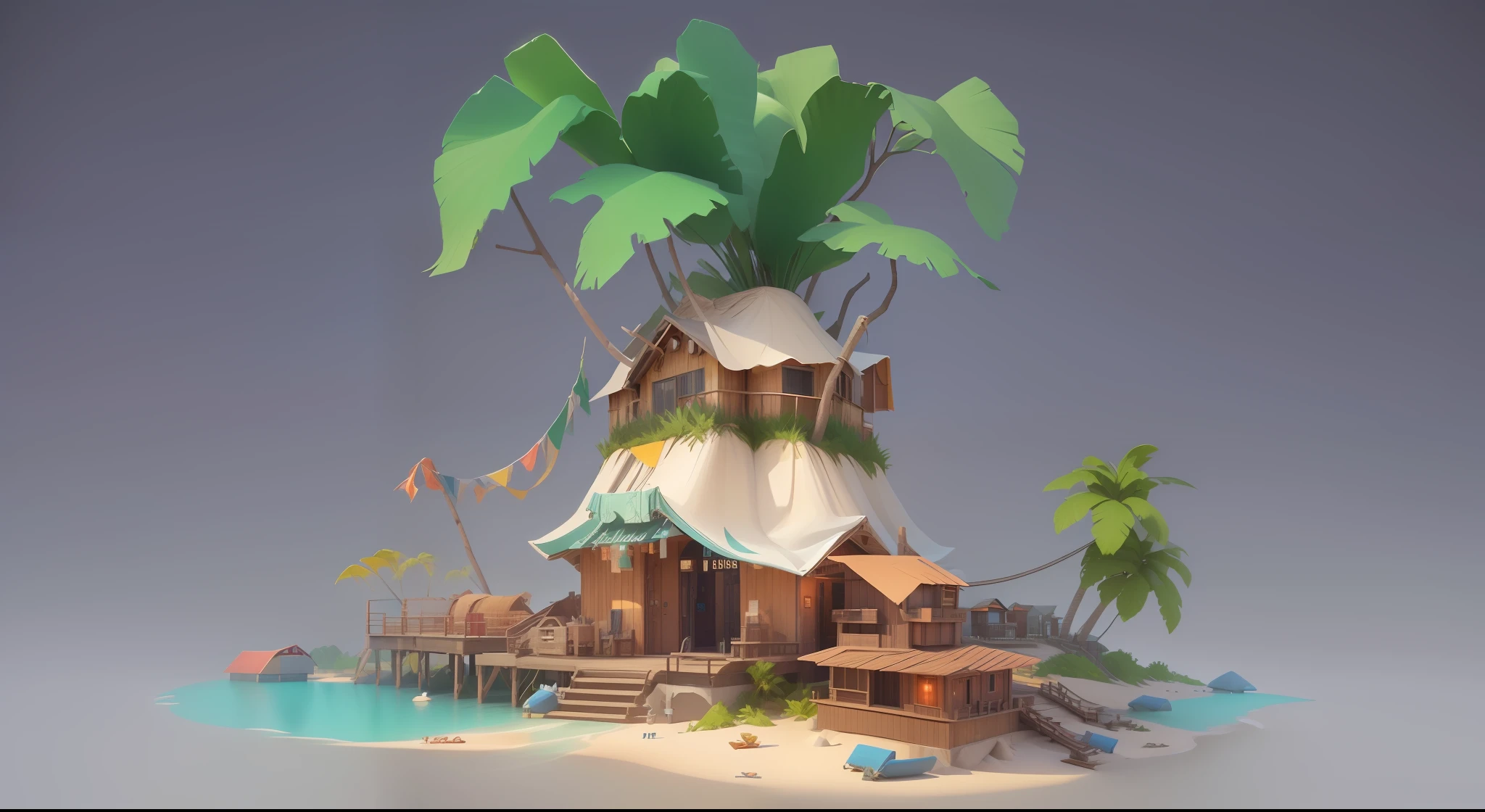 Beach island,There are huts and palm trees on the beach, Single building,Stylized concept art, 3 d render stylized, painted as a game concept art, Original artwork design illustration, Stylized game art, concept art style, stylized 3d render, concept art illustration, concept art design illustration, Stylized digital illustration, concept art highly detailed