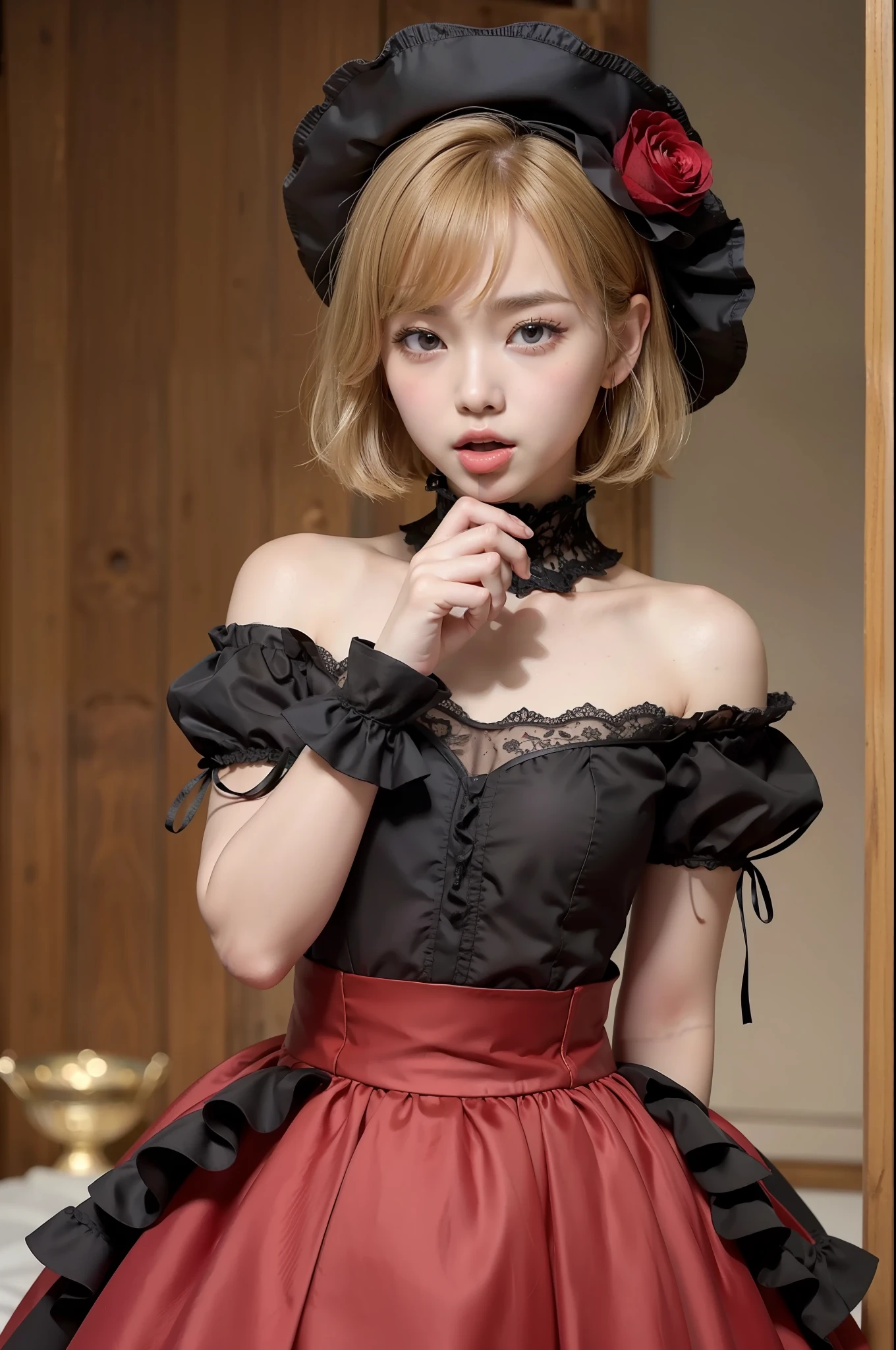 Photo Real、photoRealstic　Golden hair、Depigmented hair、Short hair、Straight hair、bangss　big eye、with round face、Plump cheeks、The contours of the face are round、a small face、a baby face　japanes、sixteen years old、tiny body、skinny  body、young body、Soft thighs　Black Mini Hat、Gothic ta、Loliashion、Red Wedding Dress、Black frills、Dresses that stand out、frilld、Decoration Dresses、a short skirt、Unique clothing　Adult Pose、Bold poses、Faces close、Face Close-up、Blushing、Trying to lick this、Stick out your tongue and lick、Fluid around the mouth、droolng　Background with、Old-fashioned Western-style building、Western-style castle、a castle yard、Flower Garden、Red flowers