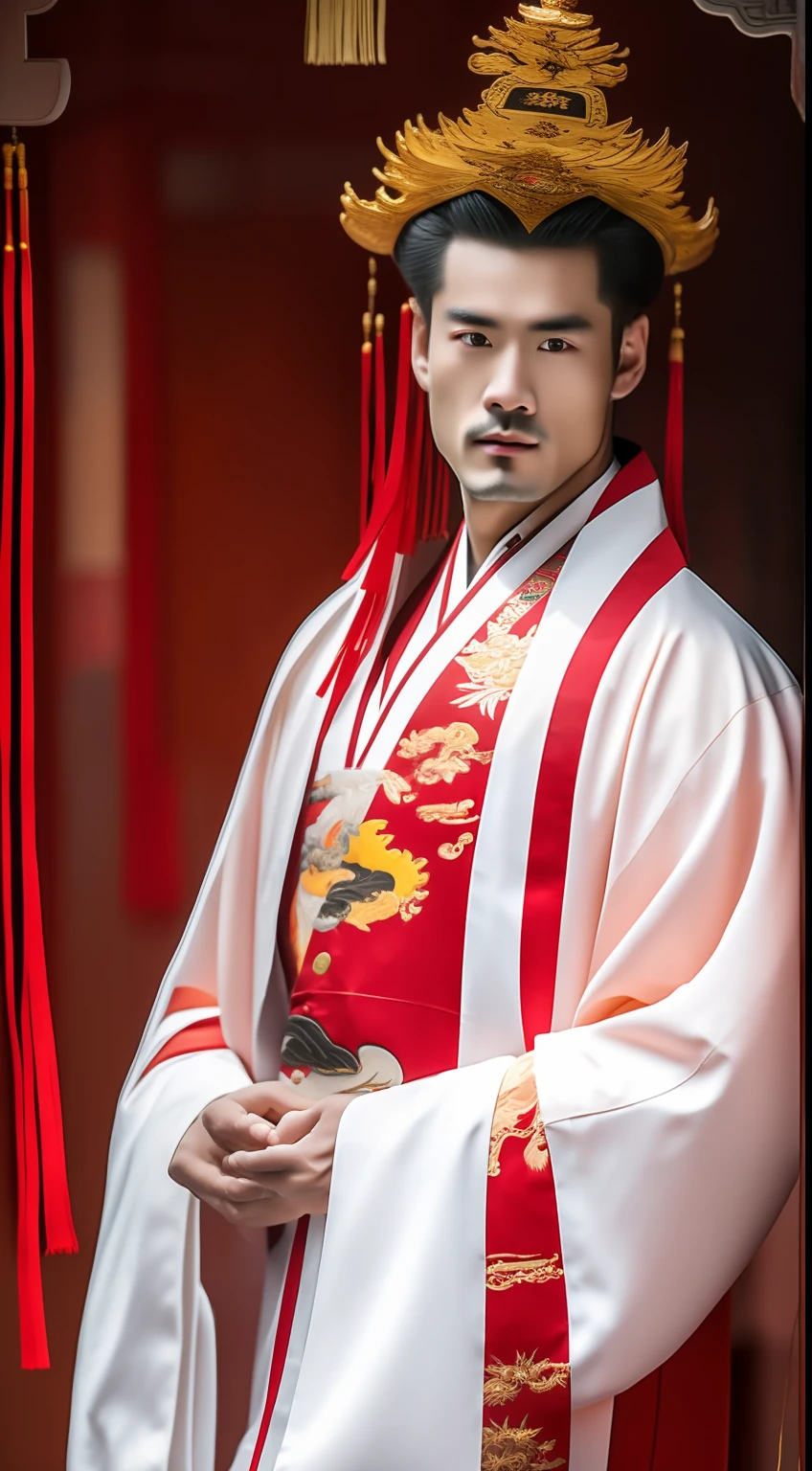 Masterpiece, Highest quality, (solofocus),, (High detail: 1.1),dojo，Red and yellow robes，The male， Man, chinese crown, 1人,and white hair,超高分辨率 , Detailed background, realisticlying, wearing a detailed and intricate xianxia antique outfit