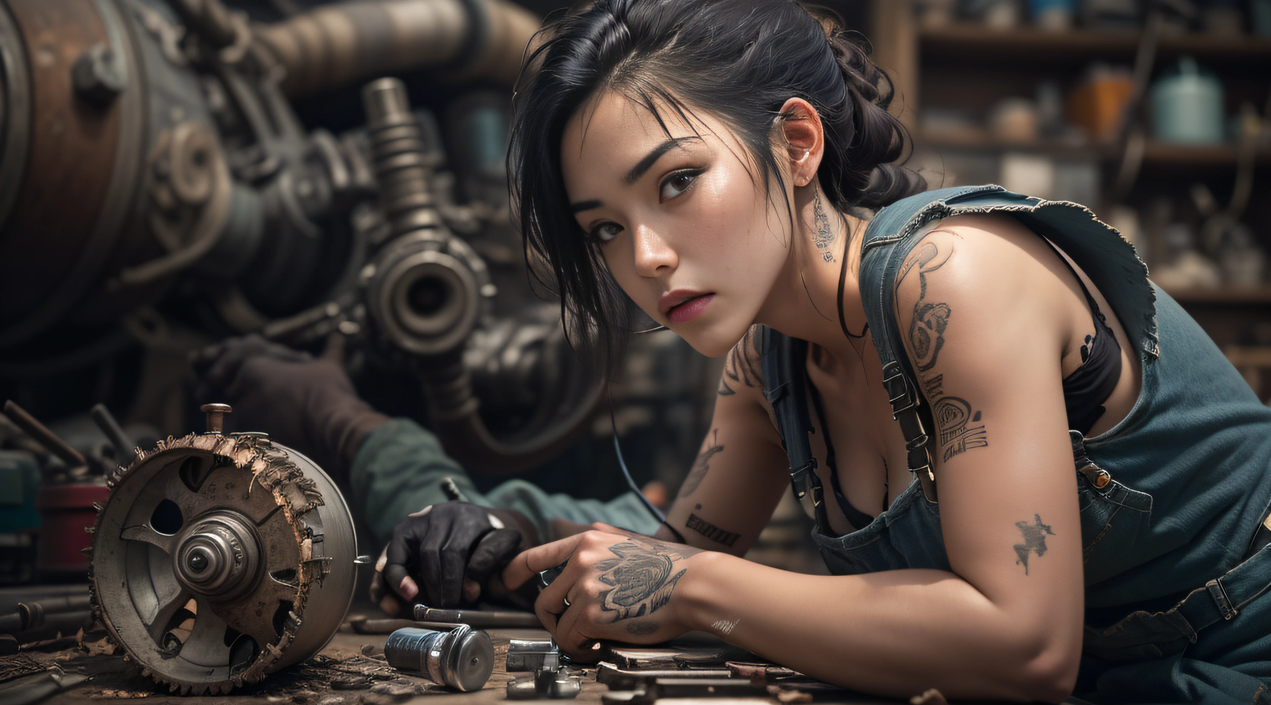 ((best quality)), ((masterpiece)), (detailed), Realistic, award-winning photography，Extremely beautiful Chinese girl， mesmerizing and alluring female mechanic covered in grease, (Dirty and rugged charm:1.2), (tough and confident demeanor:1.1), (mechanical expertise:1.3), disheveled hair, smudged face with a playful smirk, stained overalls clinging to her curves, (gritty tools of the trade:1.2), cluttered repair shop, scattered car parts, (authentic automotive ambiance:1.2), (intense gaze:1.1), gripping a wrench in her dirty hands, 8k resolution,looking at another,  looking away,( tattoo:1.2), masterpiece,  best quality，Ultra-high resolution, photographic light