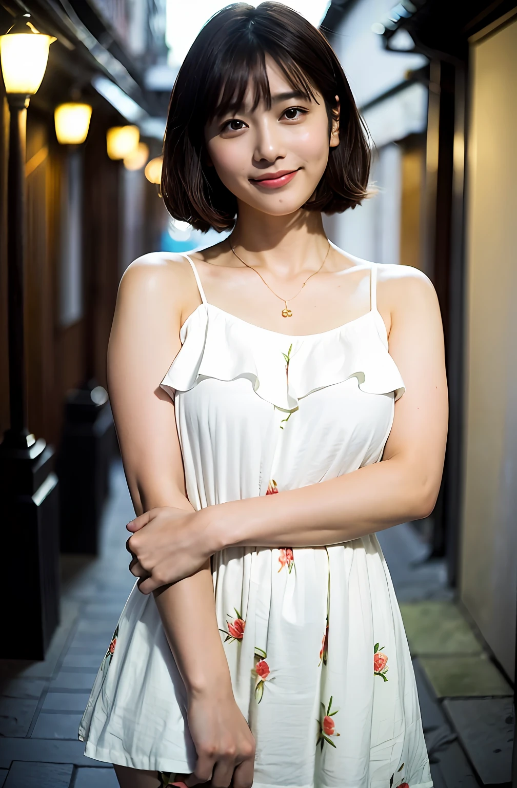 ((8K:1.27)、top-quality、masterpiece、超A high resolution:1.2)Photo Beautiful Japan woman(pleasing:1.1) (The shirt:1.21) Elegance、There is a good、Gradient lighting、1girl in、Delicate skin、Look here、Brown-eyed、(short hair with bangs:1.2)、(breasts are large:1.0)、(medium ??????:0.8)、(realisitic:1.4)、(top-quality:1.0)、(超A high resolution:1.0)、8K、to stand、????? through、Raw photography、(masterpiece:0.2)、(pure eros face V1:0.5)、 Dissie Floral Frill Bust Split、Thigh Cami Dress、white clothes、a necklace、Kamimei、date、excited expressions、Red cheeks、want me、Staring at this、subject、Lean、firm cheeks、Look here、Futomo、sandal、Beautiful thighs、Kinda chubby、Beautiful thighs、Angle from the front、Composition looking up from slightly below.、Upright directly in front of the camera、tote bags、facing front、arms in arms、Ginza at night、Back alley、NOWAI、murky、streetlights、business sui、slightly drunk、Gentle smile、