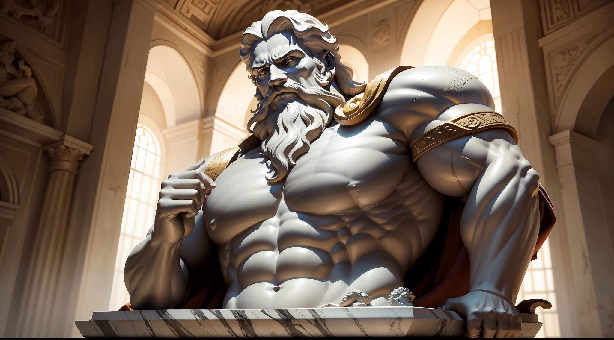 a close up of a statue of a man with a beard, statue of hercules looking angry, Furioso Deus Zeus, an ancient greek statue, deus grego, Greek marble statue, O Deus Hefesto, greco roman statue, ancient greek statue, epic scene of zeus, divino e estoico, Greek statue, O Deus Grego, O deus grego do vinho, com raiva, corpo inteiro. cor de ouro, rosto com detalhes