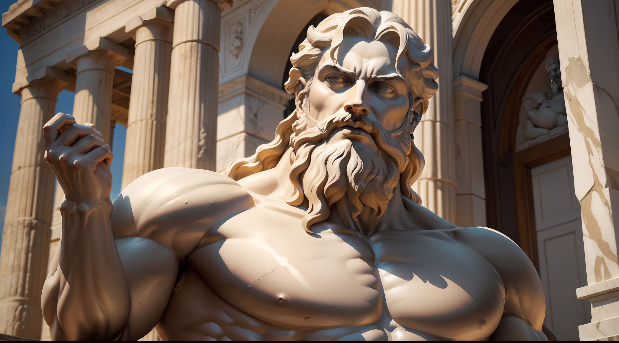 a close up of a statue of a man with a beard, statue of hercules looking angry, Furioso Deus Zeus, an ancient greek statue, deus grego, Greek marble statue, O Deus Hefesto, greco roman statue, ancient greek statue, epic scene of zeus, divino e estoico, Greek statue, O Deus Grego, O deus grego do vinho, com raiva, corpo inteiro. cor de ouro, rosto com detalhes